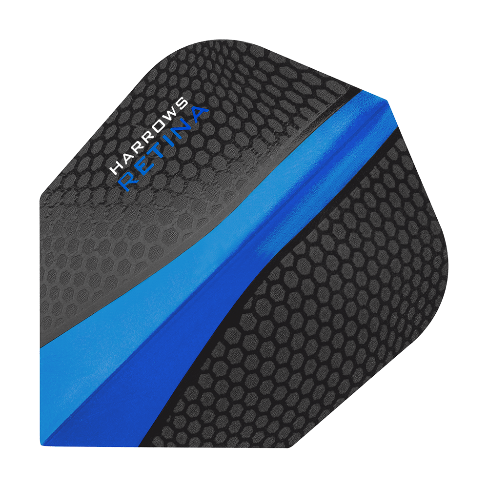 HR5510_Harrows_Retina_Blau_No2_Standard_Flights_1 Dies ist ein Harrows Retina Blau No6 Flight für Dartpfeile. Er hat ein schwarzes Wabenmuster mit einem markanten blauen Streifen in der Mitte.