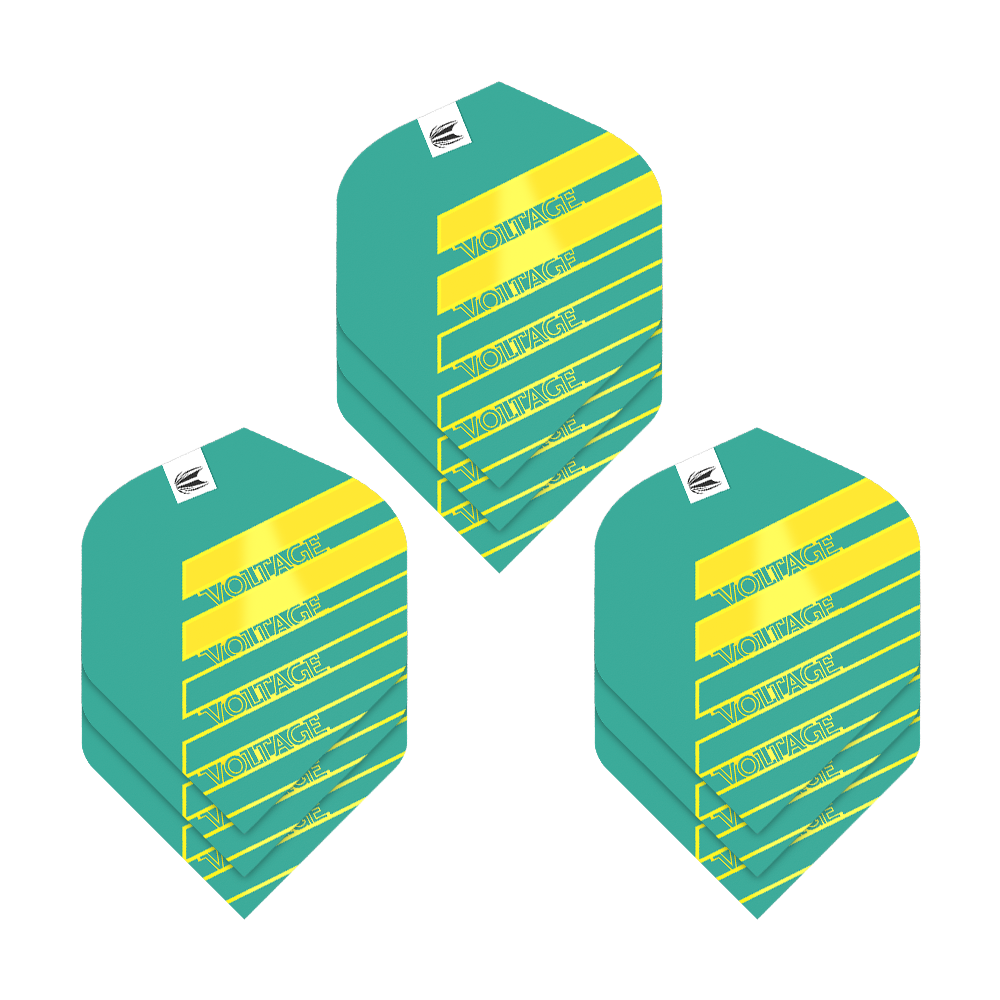 Das Bild zeigt drei Sets von Target Pro Ultra Rob Cross Aqua No2 Standard Flights. Die Flights sind türkis mit gelben Streifen und dem Schriftzug "VOLTAGE" darauf.