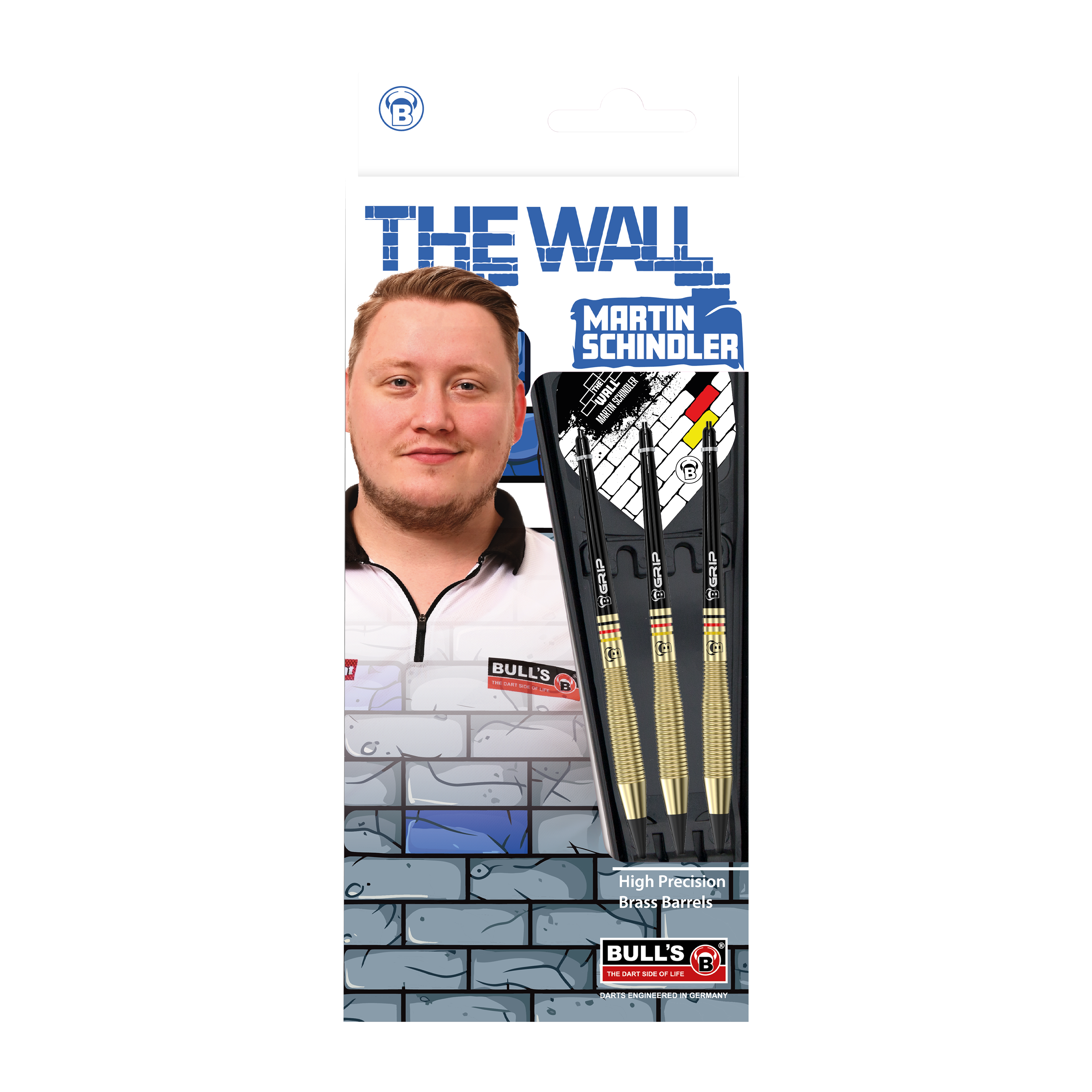 Bulls Martin Schindler The Wall Brass Softdarts - 18g Das Bild zeigt die Verpackung der "Bulls Martin Schindler The Wall Brass Softdarts - 18g". Auf der Verpackung ist ein Foto von Martin Schindler sowie drei Softdarts mit Messing-Barrels abgebildet.