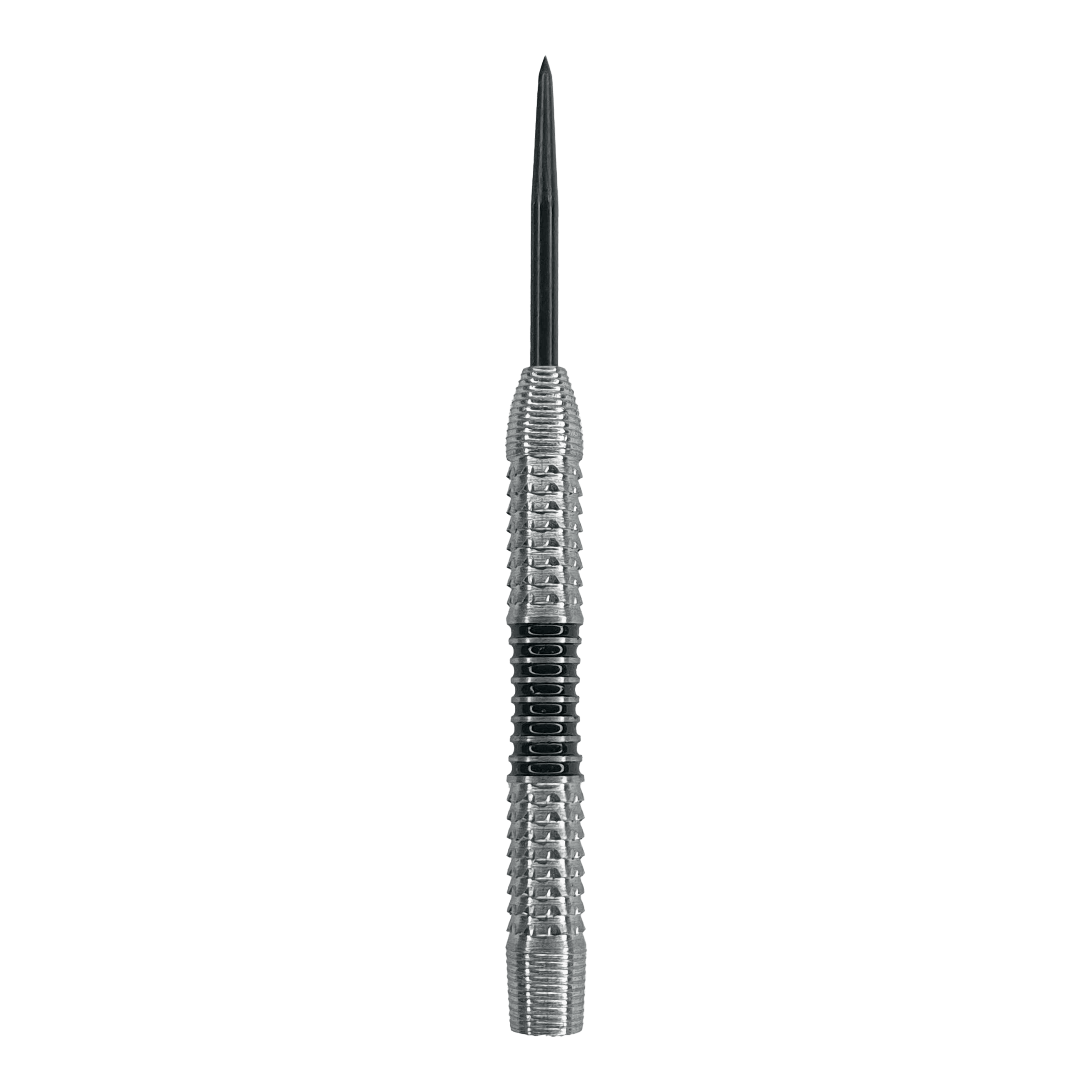 McDart Black Stripe 2 steel dart barrels - 22g Das Bild zeigt einen silbernen Steeldart-Barrel mit einer schwarzen Griffzone in der Mitte. Es handelt sich um das Produkt "McDart Black Stripe 2 Steeldart-Barrels - 22g".