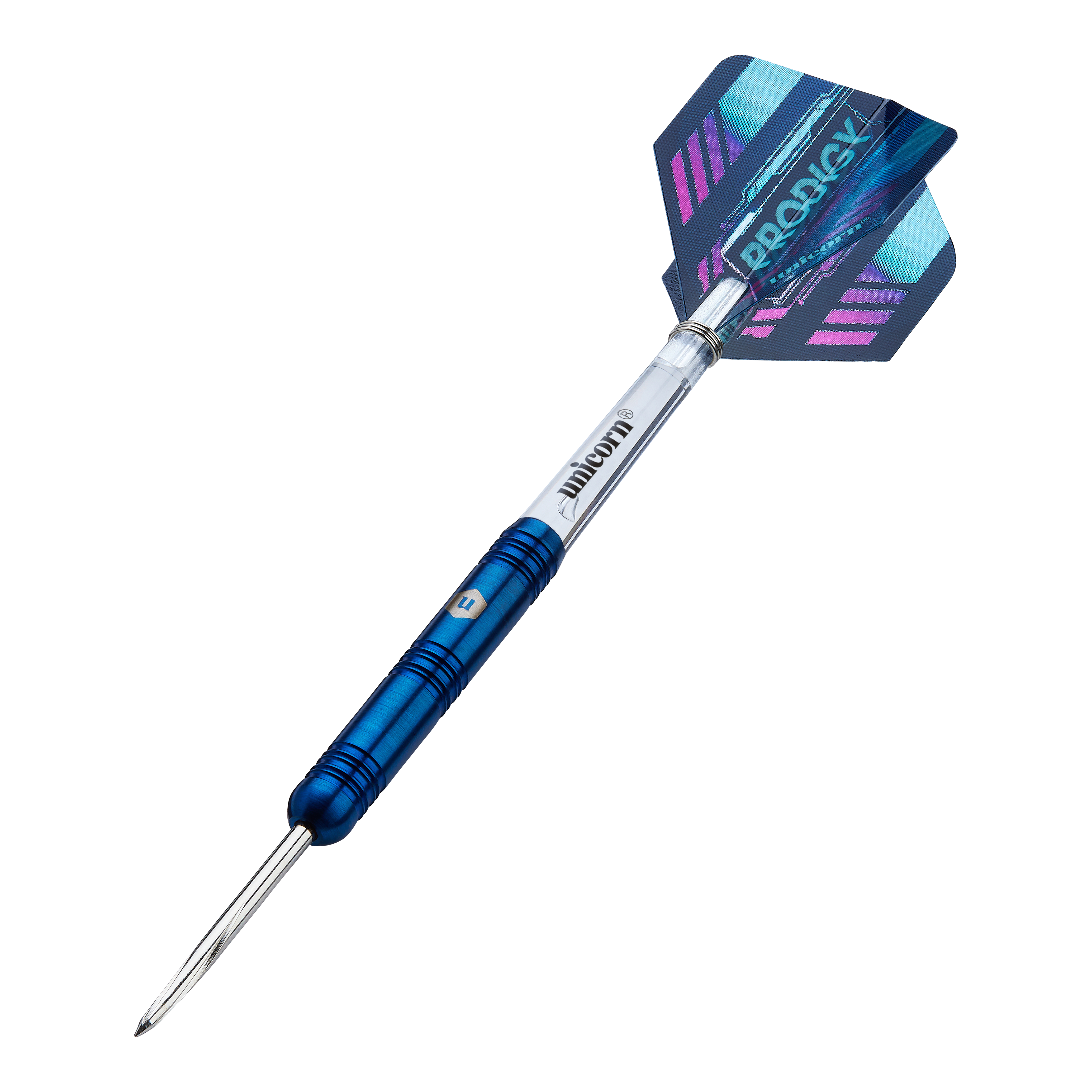 Dieses Bild zeigt einen Unicorn Prodigy 01 Parallel Steeldart. Der Dartpfeil hat einen blauen Schaft und eine bunte Flight mit dem Aufdruck "Prodigy".