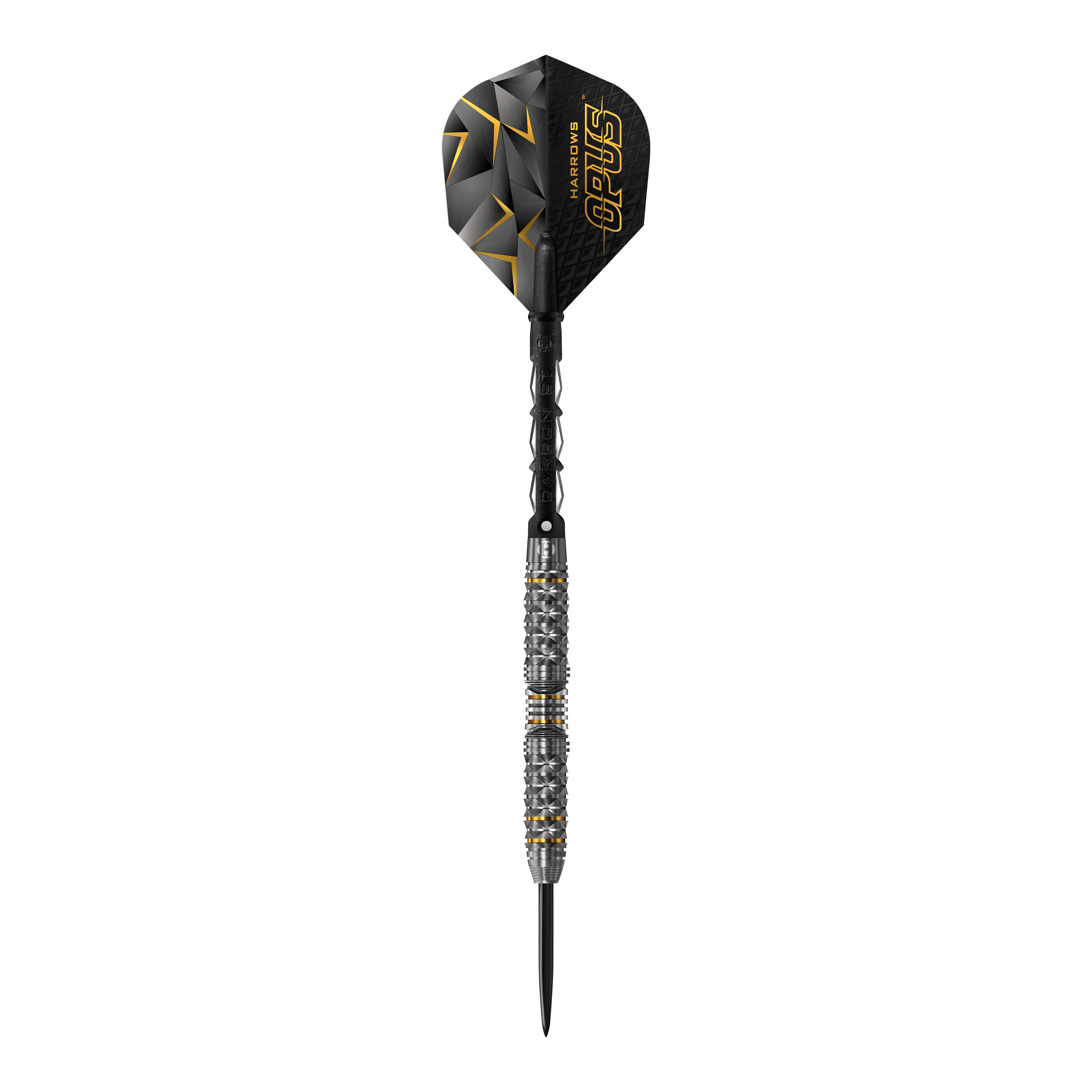 Harrows Opus Steeldarts Das Bild zeigt einen Harrows Opus Steeldart. Der Dartpfeil ist schwarz mit silbernen und goldenen Akzenten und hat eine strukturierte Oberfläche.
