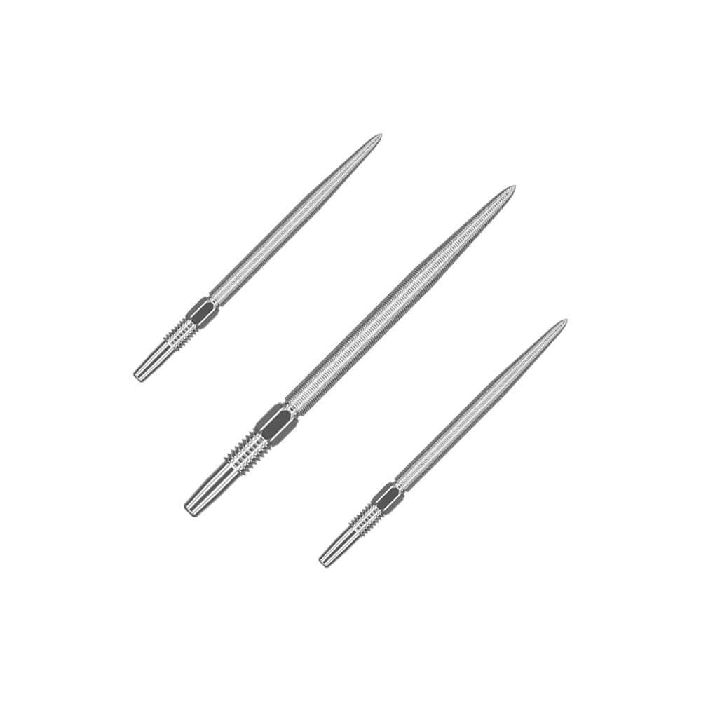 Target Swiss Point Nano Dart Tips - Silver Das Bild zeigt drei silberne Dartspitzen in einer Reihe. Jede Spitze ist schlank und hat ein feines Gewinde am unteren Ende.
