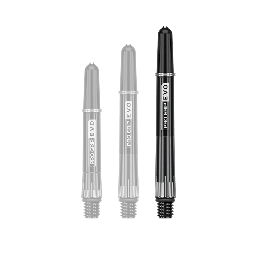 Auf dem Bild sind drei schwarze Dartschäfte in unterschiedlichen Längen zu sehen. Sie tragen die Aufschrift "PRO GRIP EVO" und sind aus Titan gefertigt.