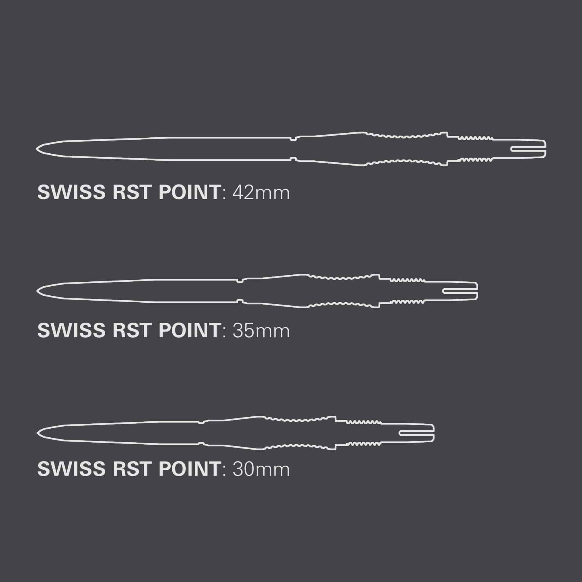 Auf diesem Bild werden die Target Swiss Point Dartspitzen Signature RST - Schwarz präsentiert. Sie sind als Zubehör für Dartspieler geeignet.