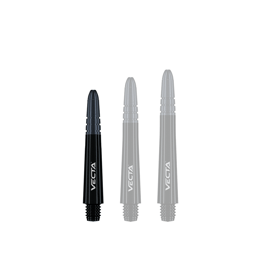 7025-101_Winmau_Vecta_Shafts_Schwarz_34mm_1 Auf dem Bild sind drei schwarze Dartschäfte in unterschiedlichen Längen zu sehen. Auf jedem Schaft steht das Wort "VECTA" in weißer Schrift.