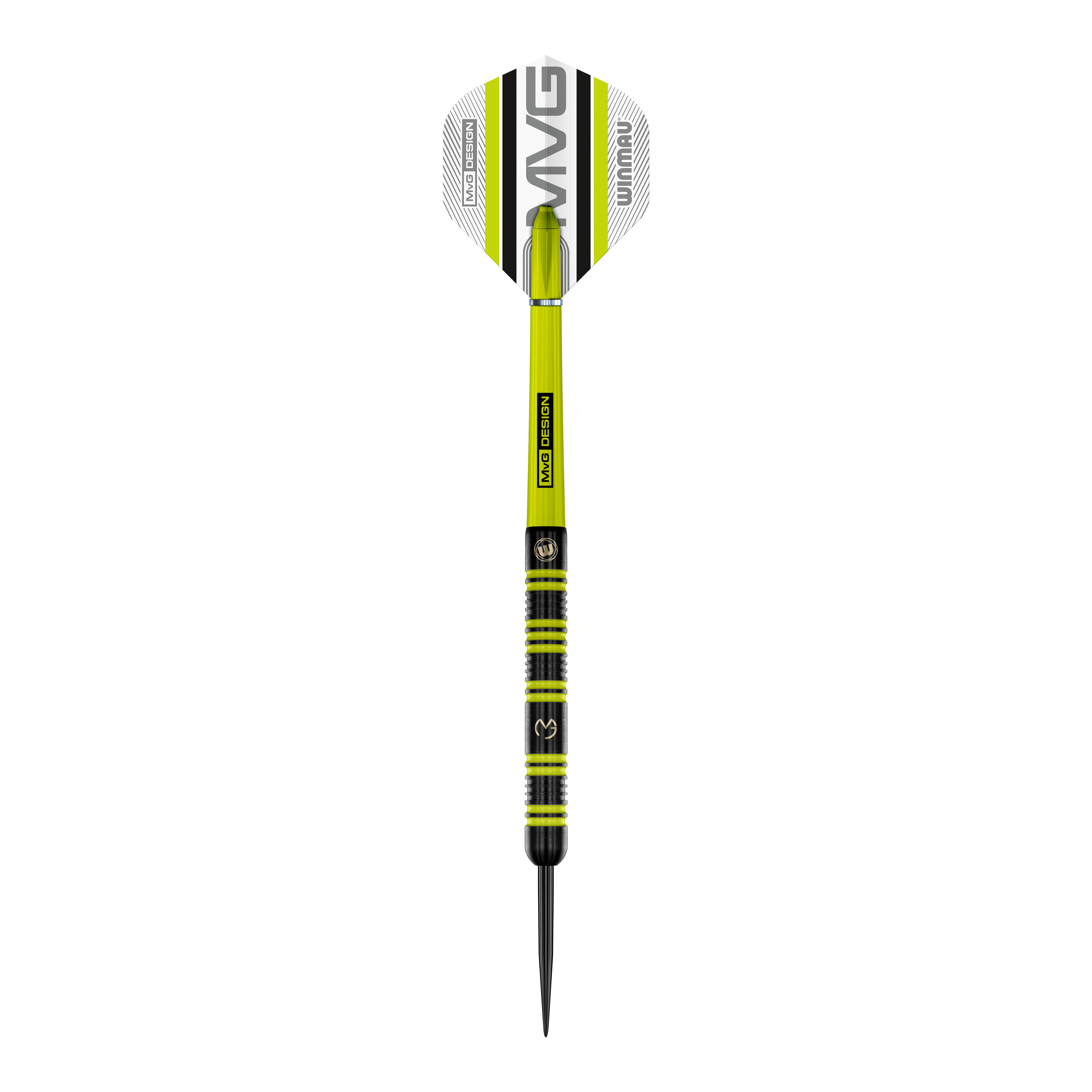 Winmau Michael Van Gerwen 85 Pro-Series steel darts Auf dem Bild ist ein Winmau Michael Van Gerwen 85 Pro-Series Steeldart zu sehen. Der Dart hat ein modernes Design mit grünen und schwarzen Akzenten sowie der Aufschrift „MVG DESIGN“ auf dem Schaft.