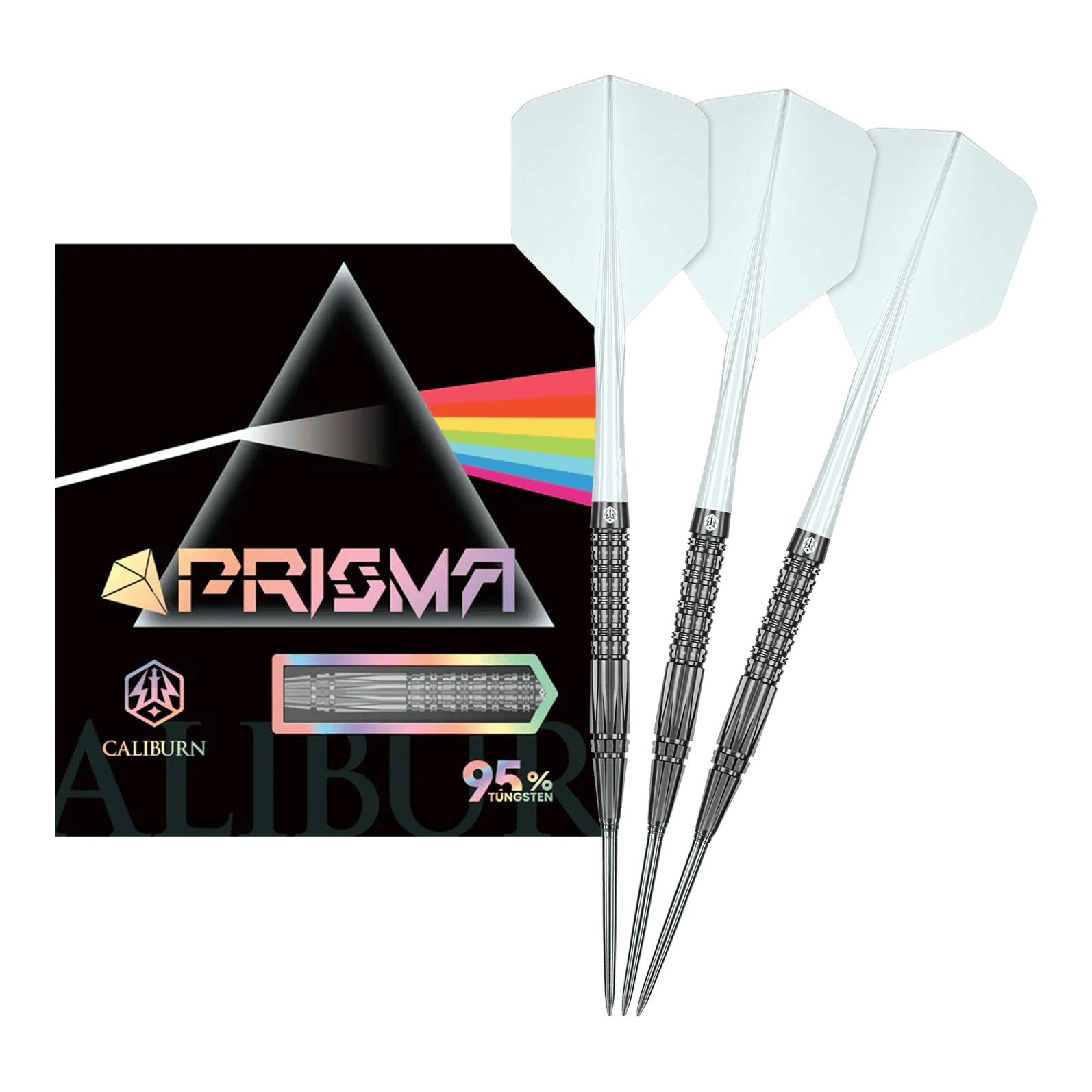 Auf dem Bild sieht man die Caliburn Prisma P2 Steeldarts, 20,5g. Diese Steeldarts bieten ein modernes Design für Turnierspieler.