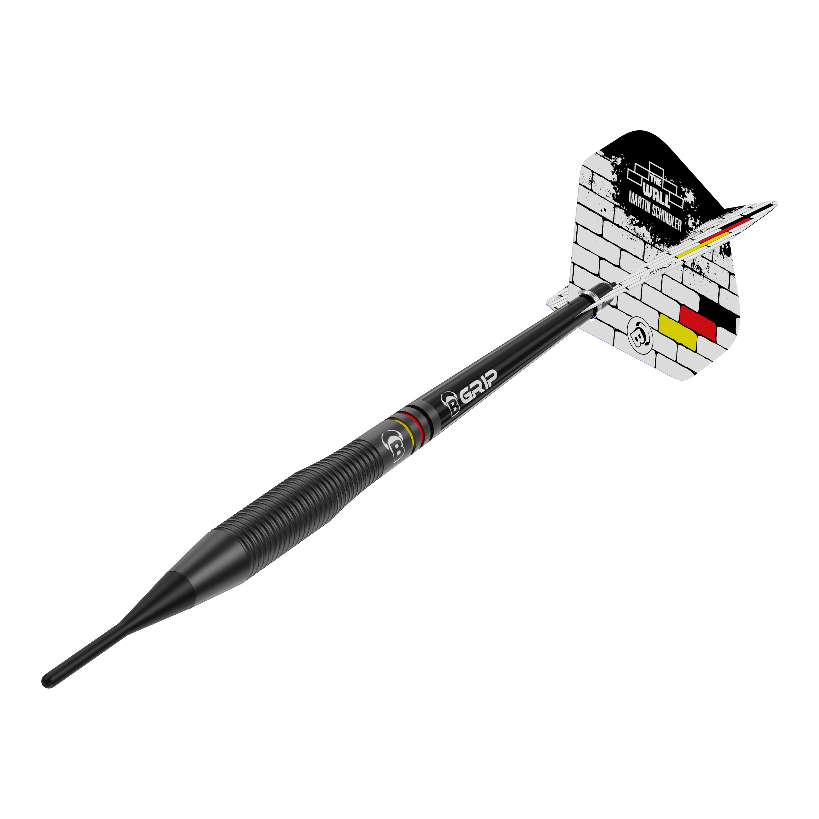 Bulls Martin Schindler The Wall Black Brass Softdarts - 18g Das Bild zeigt den Softdart "Bulls Martin Schindler The Wall Black Brass" mit einem Gewicht von 18g. Der Dart ist schwarz und hat am Flight ein Mauer-Design mit den Farben der deutschen Flagge.