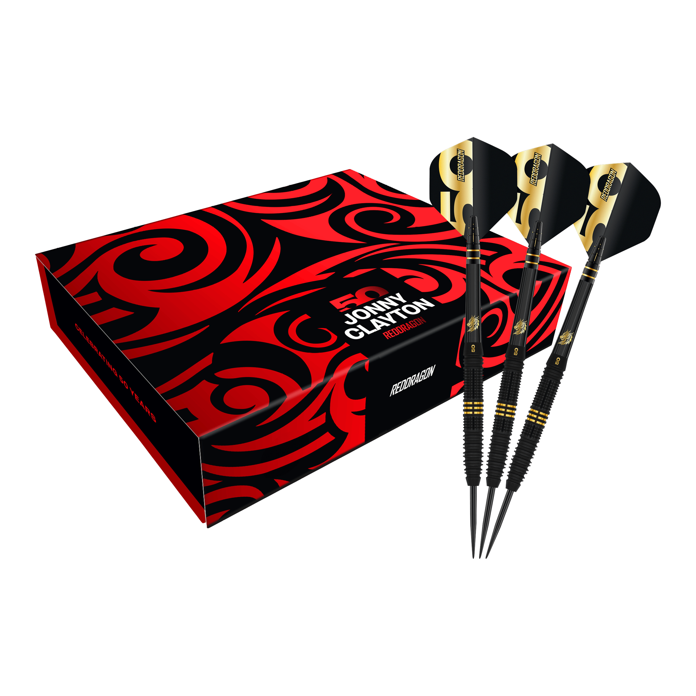 Red Dragon Jonny Clayton 50 Years Player Limited Edition Steeldarts - 22g Hier sind die Red Dragon Jonny Clayton 50 Years Player Limited Edition Steeldarts zu sehen. Das Set feiert das 50-jährige Spielerjubiläum von Jonny Clayton.