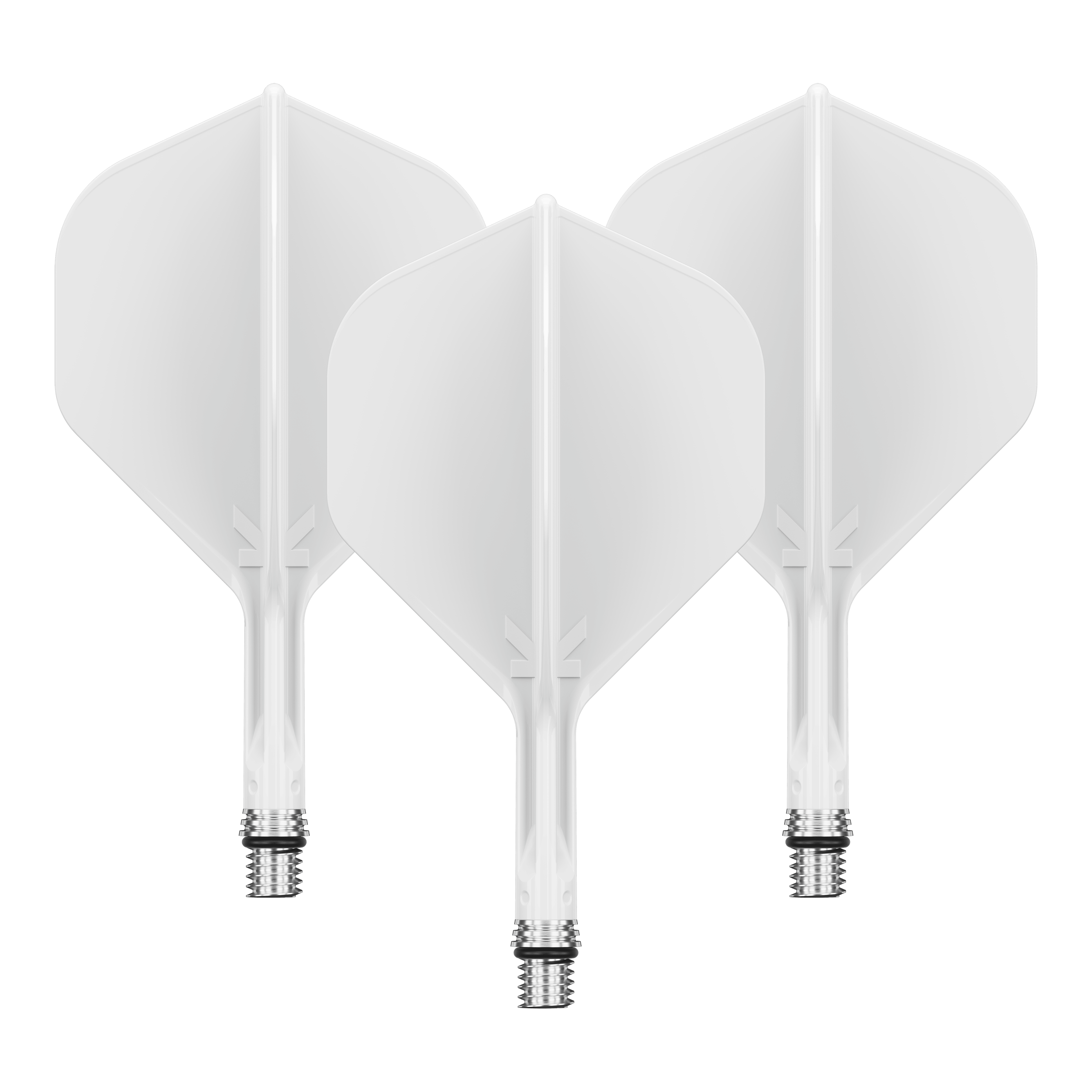 Target K-Shift No2 Standard Flights - White Dieses Bild zeigt ein Set aus weißen Dart Flights. Die Flights scheinen die Größe 19 mm zu haben.