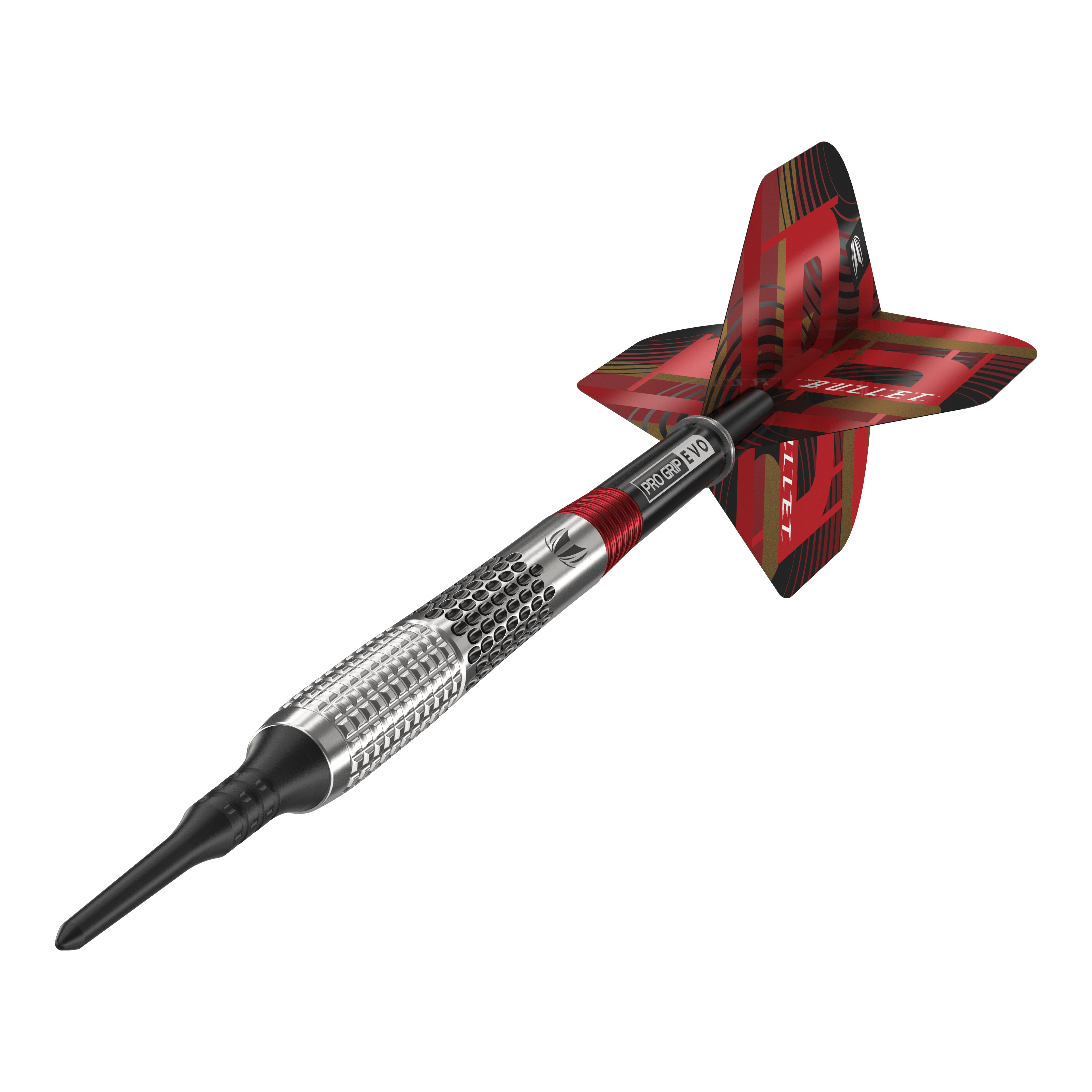 Target Stephen Bunting GEN5 Soft Darts - 18g Das Bild zeigt einen Target Stephen Bunting GEN5 Softdart mit einem Gewicht von 18g. Der Dartpfeil hat ein silbernes Griffstück mit roten und schwarzen Akzenten sowie einer auffälligen roten Flights.