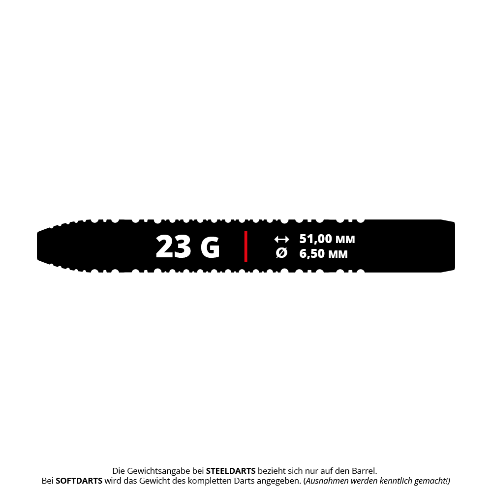 Target Shane McGuirk GEN1 Swiss Point Steel Darts - 23g Das Bild zeigt einen schwarzen Dartbarrel mit der Aufschrift "23 G". Außerdem sind die Maße 51,00 mm Länge und 6,50 mm Durchmesser angegeben.