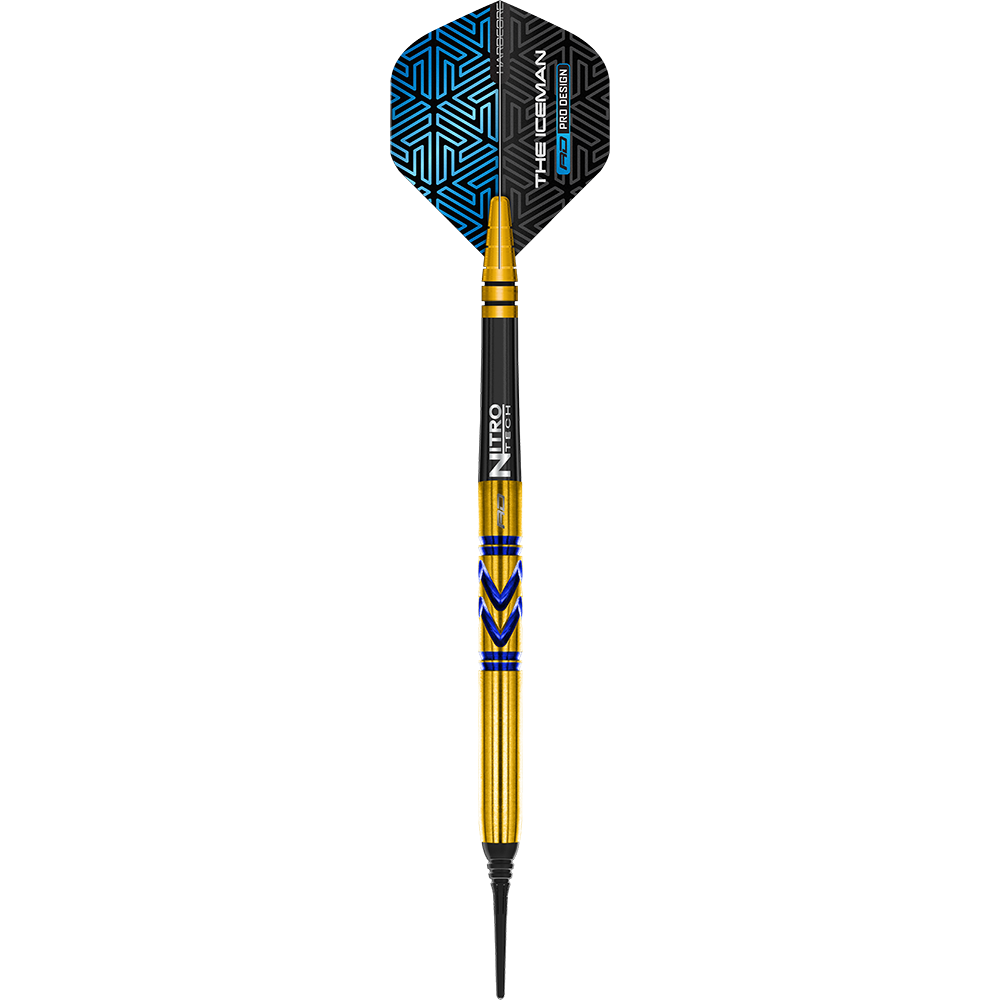 RD2546_Red_Dragon_Gerwyn_Price_Avalanche_Gold_Softdarts_1r7BTvDsxJXdL1 Der Red Dragon Gerwyn Price Avalanche Gold Softdart wiegt 20 Gramm und hat ein gold-blaues Design. Die Flights sind schwarz-blau gemustert und mit dem Schriftzug "The Iceman" bedruckt.
