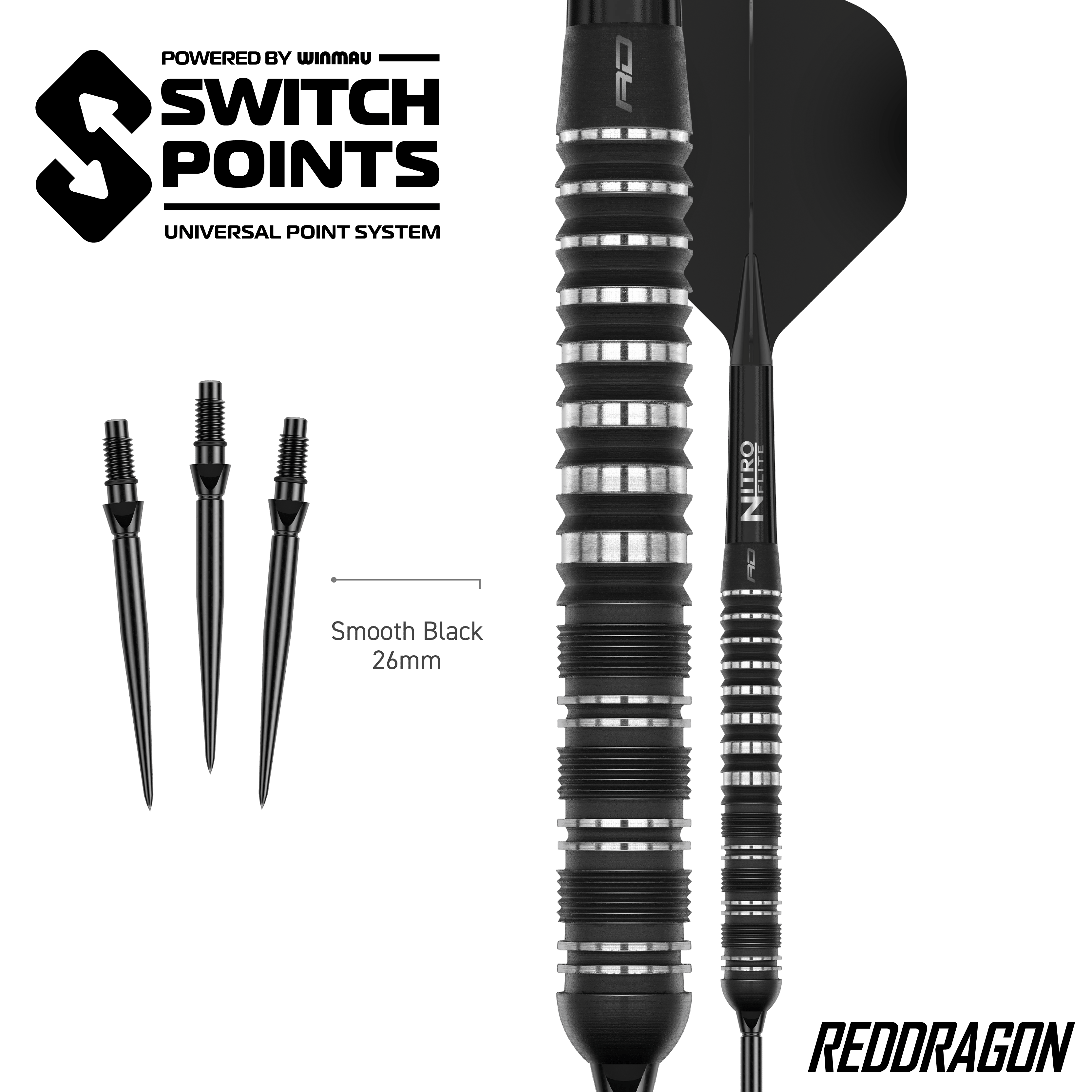 Abgebildet sind die Red Dragon Sable Parallel Switch Point Steeldarts. Präzision und gutes Design zeichnen diese Darts aus.
