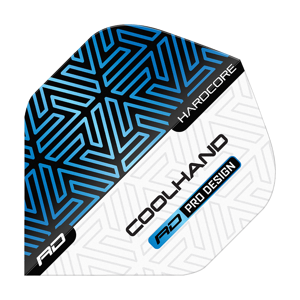 Red Dragon Hardcore Luke Humphries Blue White Premium Standard Flights Das Bild zeigt ein Dartflight in Blau, Schwarz und Weiß mit geometrischem Muster. Auf dem Flight stehen die Wörter „HARDCORE“, „COOLHAND“ und „RD PRO DESIGN“.