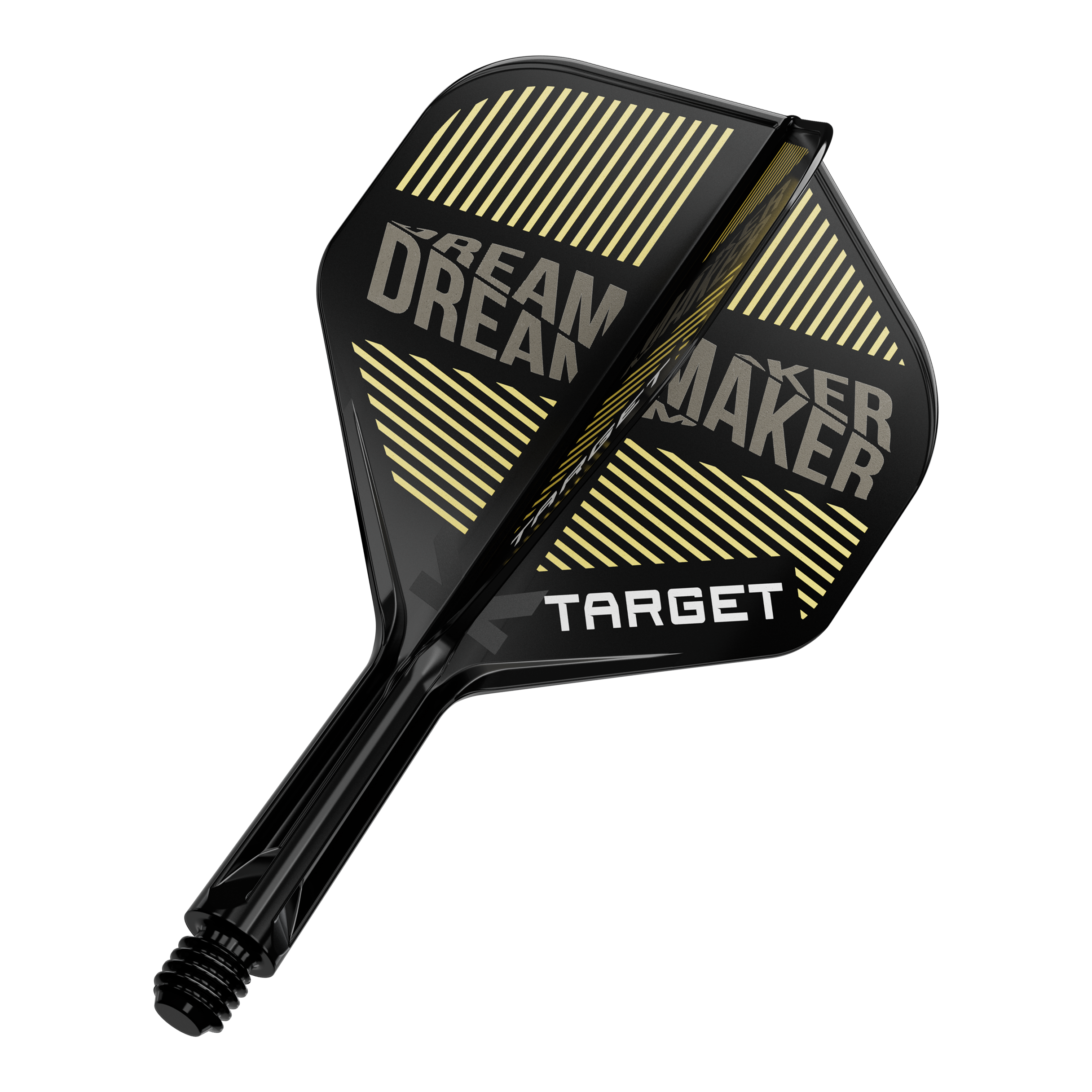 Target K-Flex Dimitri Van Den Bergh No2 Standard Flight Shaft System Auf dem Bild ist ein schwarzer Dart-Flügel mit gelben Streifen und dem Schriftzug „DREAM MAKER“ zu sehen. Darauf steht außerdem das Wort „TARGET“ in weißen Buchstaben.