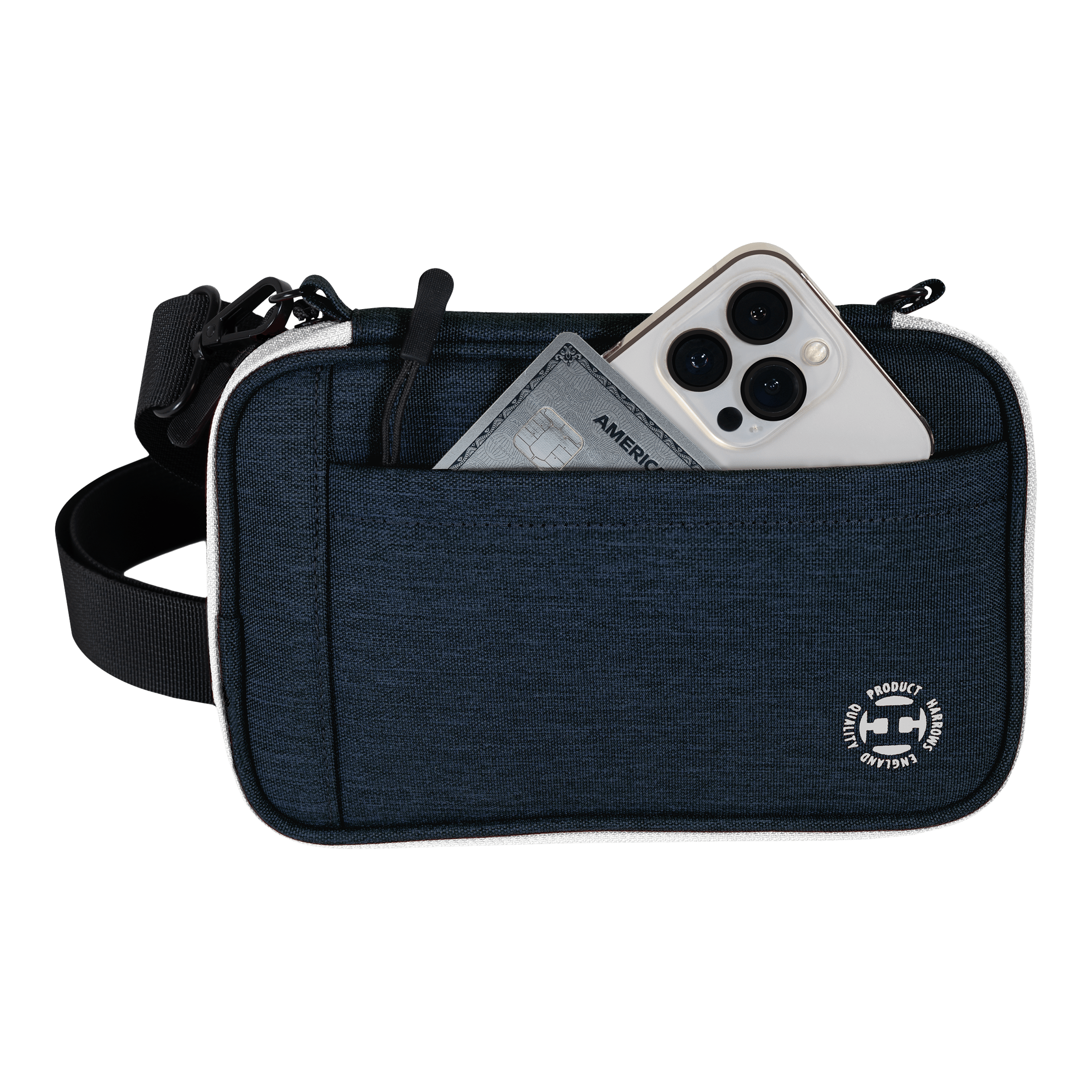 Harrows Smart Case XL dart wallet Eine blaue Tasche mit Vorderfach enthält ein Smartphone und eine Kreditkarte. Am unteren Rand der Tasche befindet sich ein rundes weißes Logo.