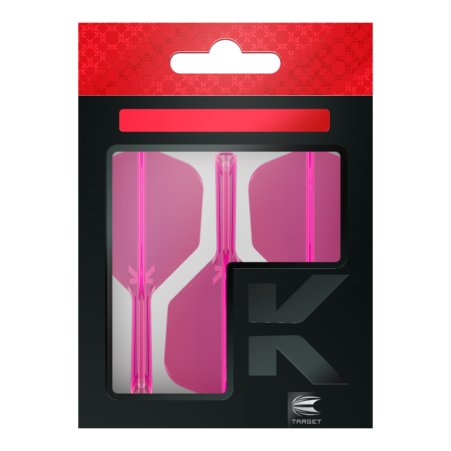 Target K-Flex No6 Flight System - Neon Pink Auf dem Bild ist eine Verpackung mit drei pinken Dartflights zu sehen. Die Verpackung ist schwarz mit einem roten oberen Rand und dem Markenlogo "Target" unten rechts.