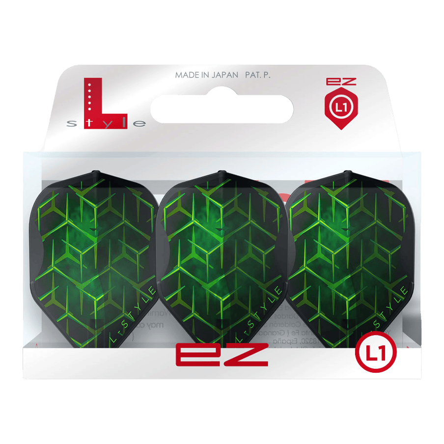 L-Style Lukas Wenig V1 Black L1EZ Flights Zwei L-Style Lukas Wenig V1 Black L1EZ Flights liegen nebeneinander auf weißem Hintergrund. Die Flächen- und Kantengeometrie wird dargestellt.