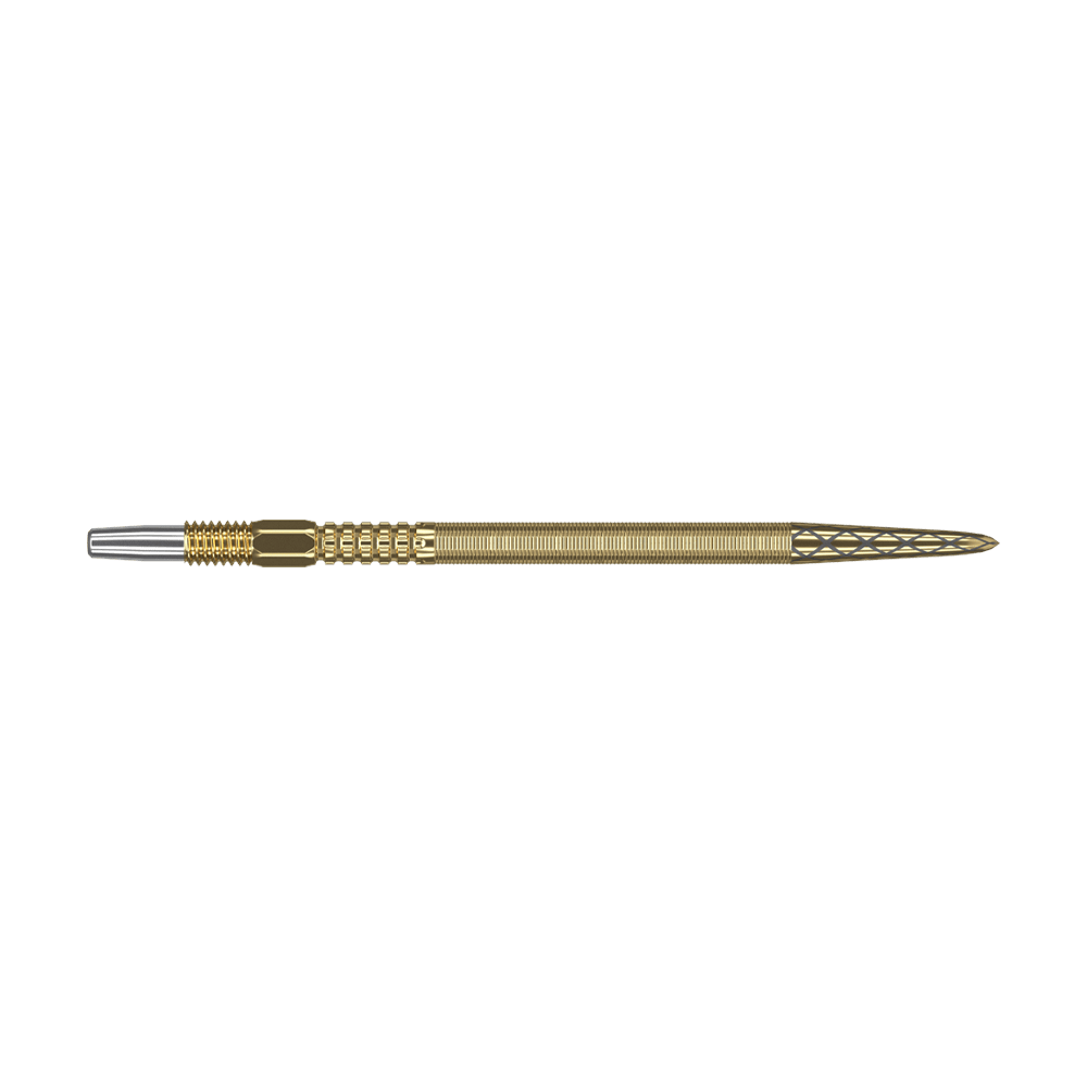 Target Swiss Point DX dart tips - gold Das Bild zeigt eine goldene Dartspitze mit feinen Rillen und detailliertem Muster. Sie hat am Ende eine silberne Metallspitze.