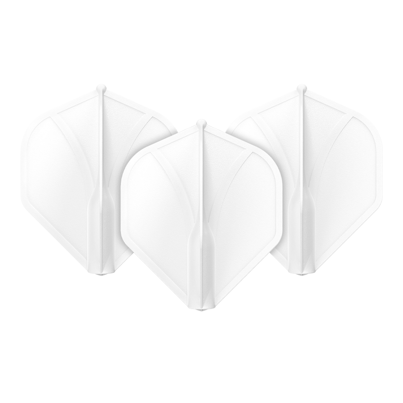 Das Bild zeigt drei weiße Dart-Flights in einer Reihe. Sie haben eine geformte, stabile Struktur und sind identisch.