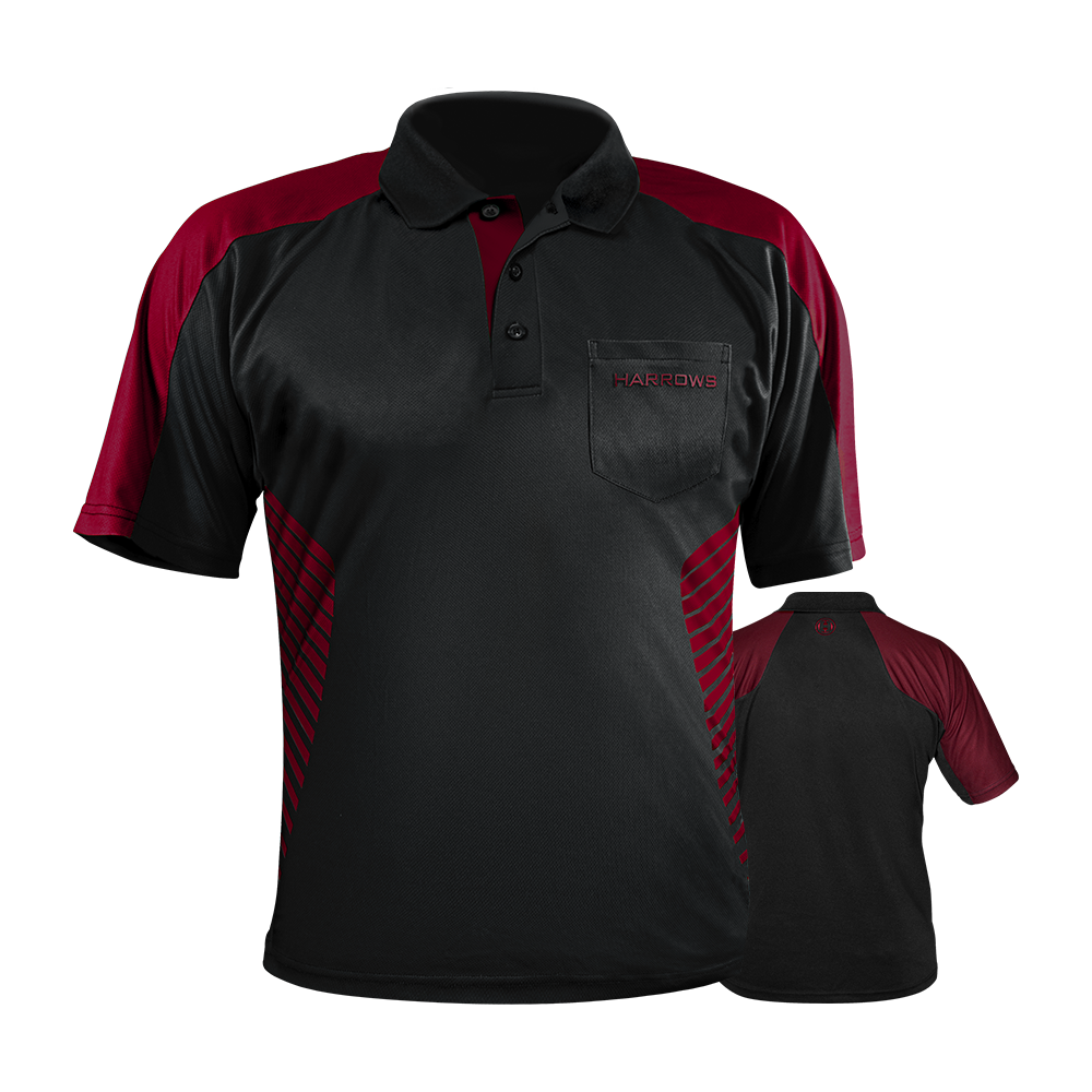 HRS-17737_Harrows_Vivid_Dartshirt_Black_DeepRed_0mR6hYbf98I71U Das Bild zeigt ein Harrows Vivid Dartshirt in Schwarz und Dunkelrot. Das Shirt hat kurze Ärmel, einen Kragen und das Harrows-Logo auf der Brusttasche.