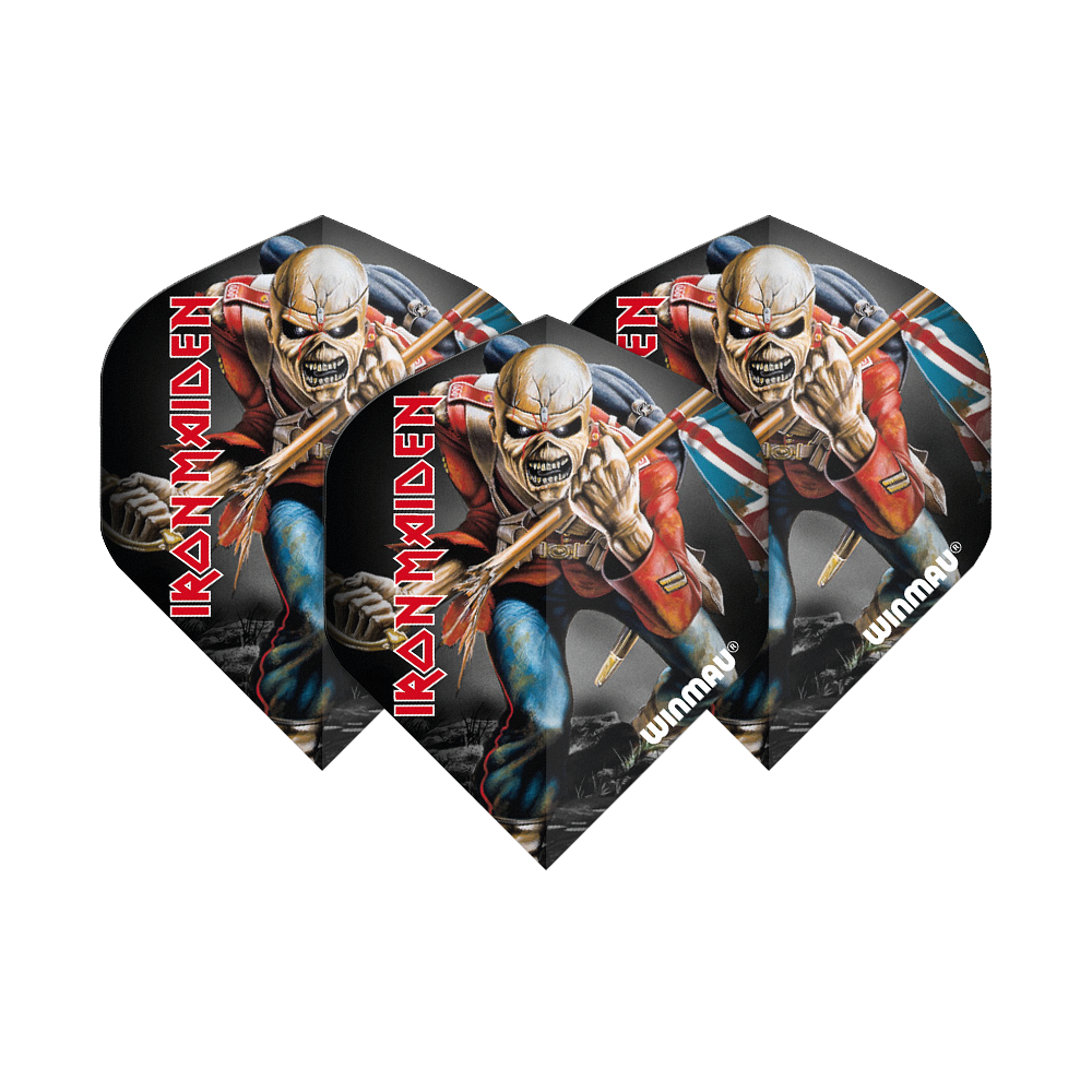 Auf dem Bild sind drei Dart-Flights zu sehen, die das Motiv von Eddie, dem Maskottchen der Band Iron Maiden, zeigen. Die Flights tragen die Aufschrift "IRON MAIDEN" und das Logo von Winmau.