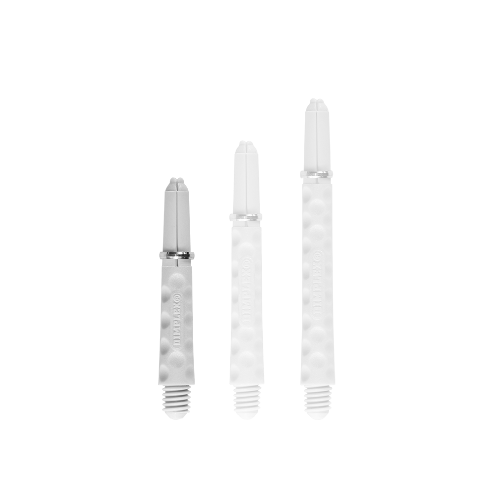 Harrows Dimplex Shafts - White Das Bild zeigt drei weiße Dartschäfte in unterschiedlichen Längen. Sie haben eine strukturierte Oberfläche und einen Schraubgewinde am unteren Ende.
