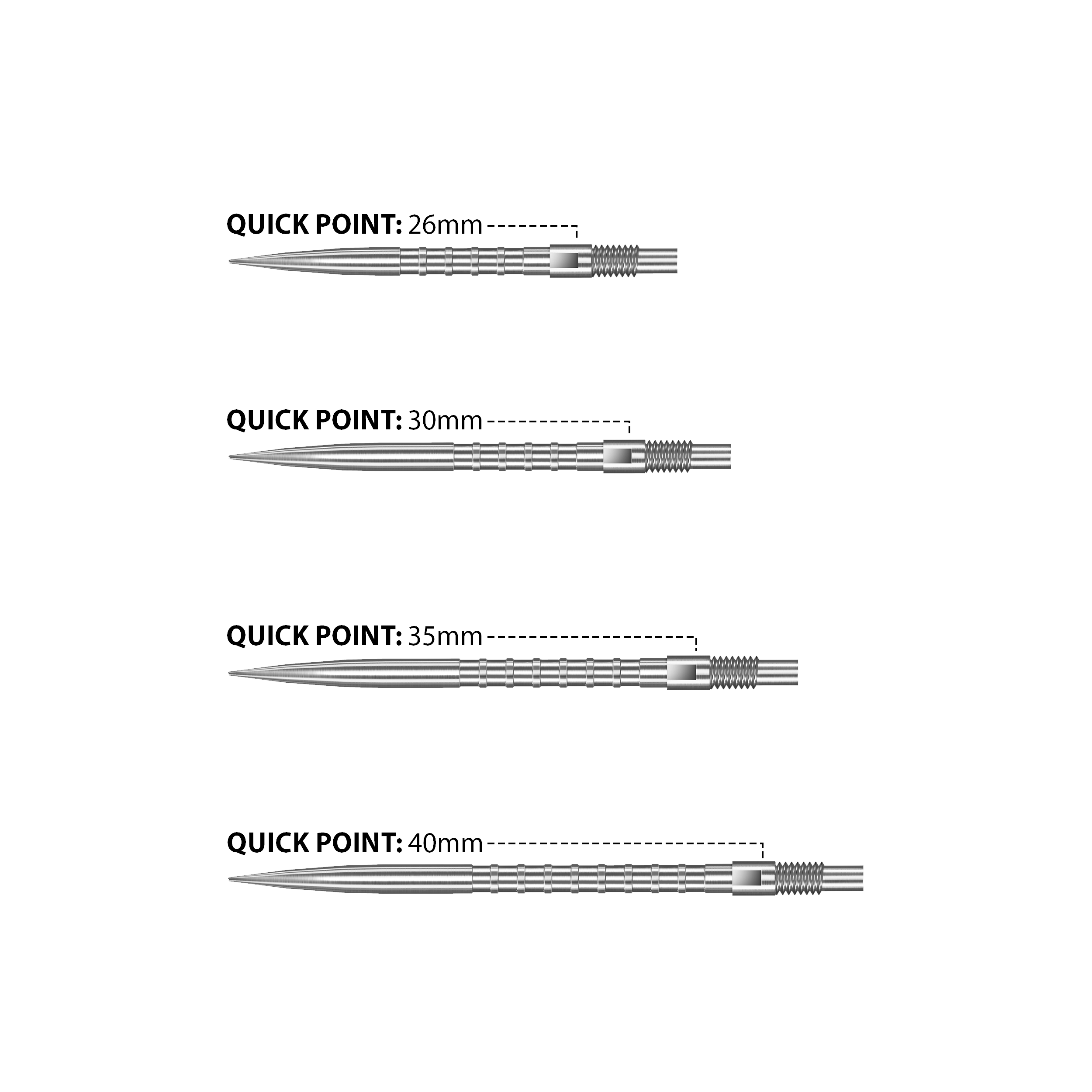 Das Bild zeigt Harrows Quick Point Heavy Metal Dartspitzen in Silber. Diese Dartspitzen bieten eine gute Griffigkeit und Langlebigkeit.
