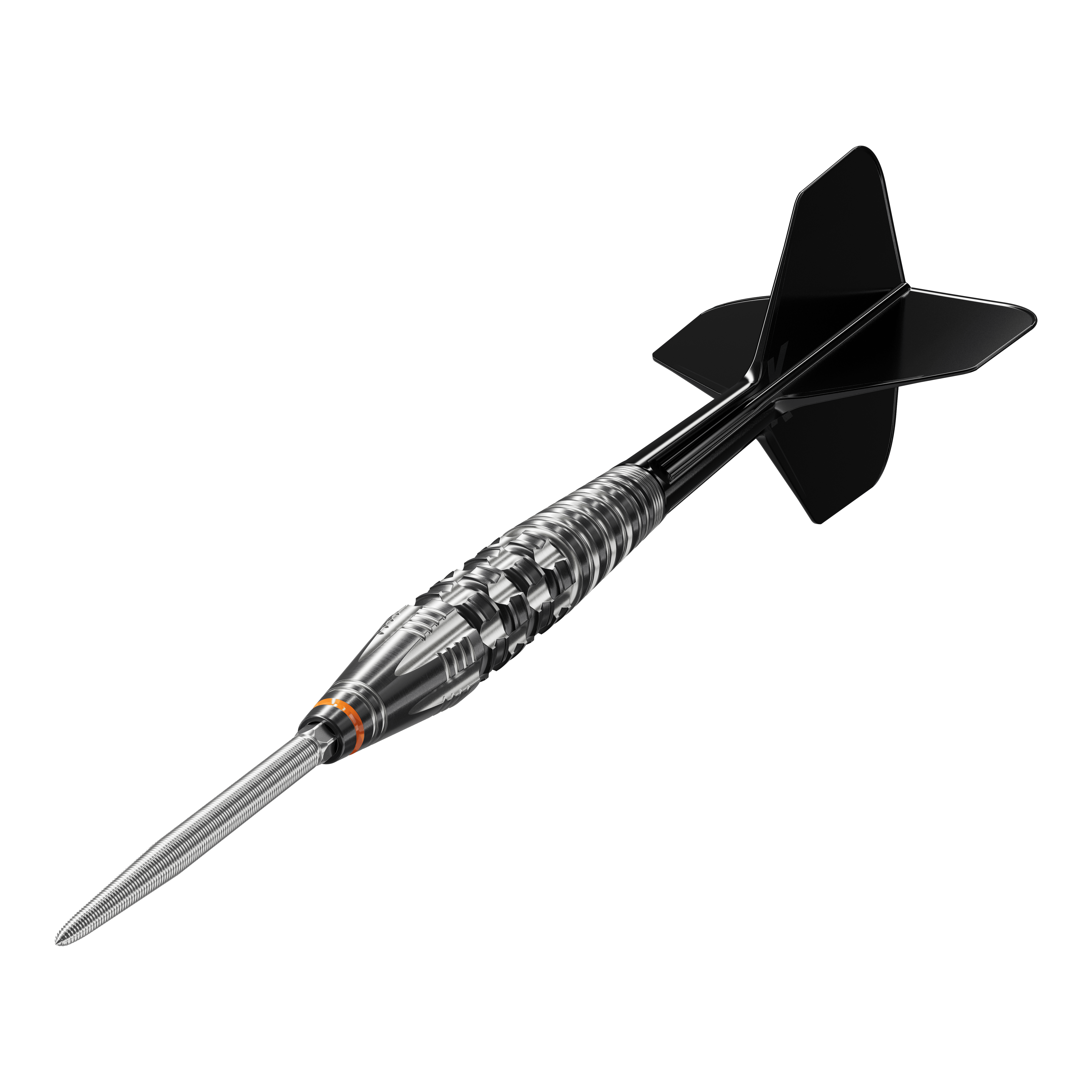 Das Bild zeigt einen Steeldartpfeil mit schwarzer Spitze und schwarzen Flights, genannt "Target Japan Black Marque Dancing Duck GEN 4 Steeldarts". Der Dartpfeil hat ein silbernes, glänzendes Griffstück mit feinen Rillen und Gravuren.