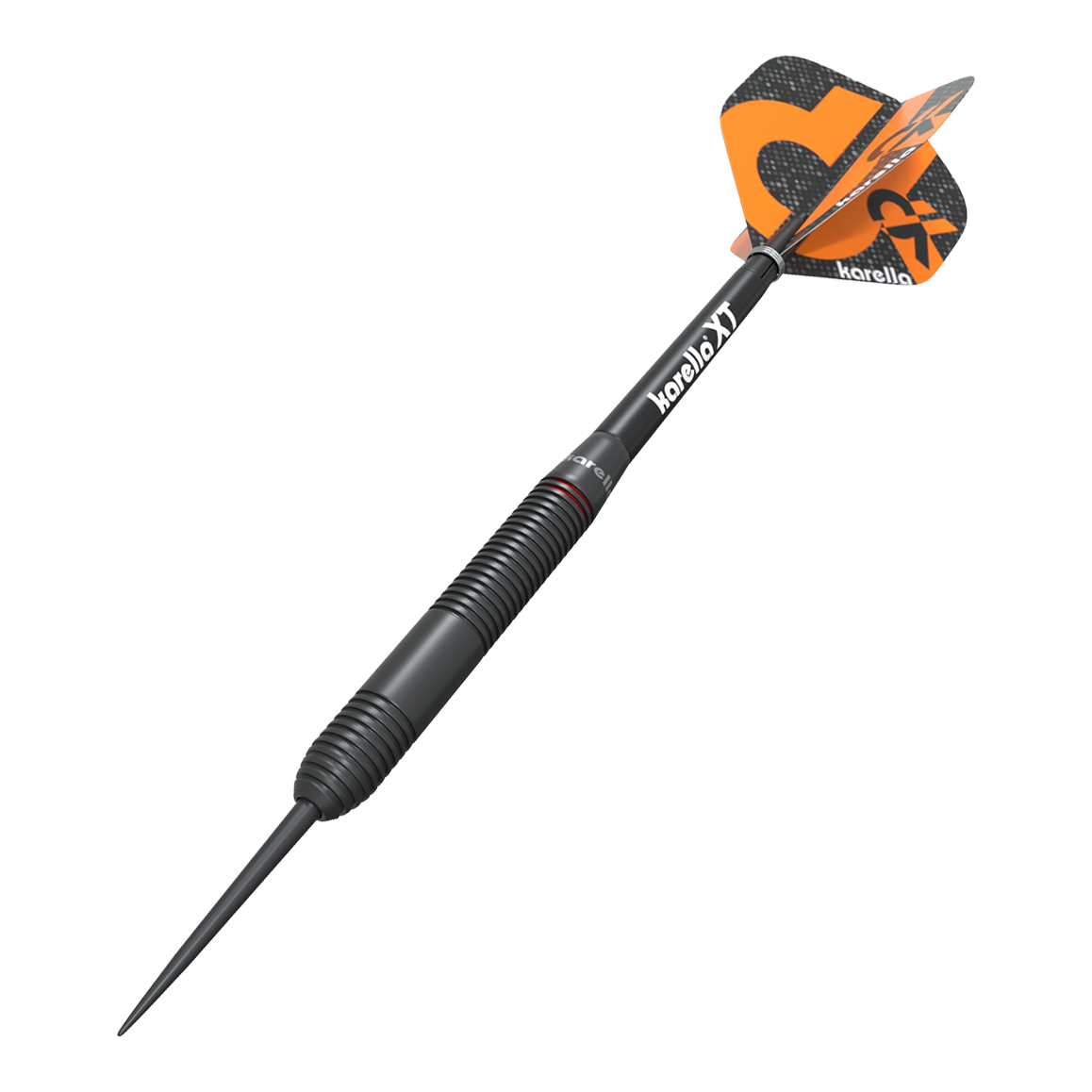 Karella Daniel Klose steel darts Das Bild zeigt einen Karella Daniel Klose Steeldart. Der Dartpfeil ist schwarz mit orangem Flights und hat ein modernes Design.