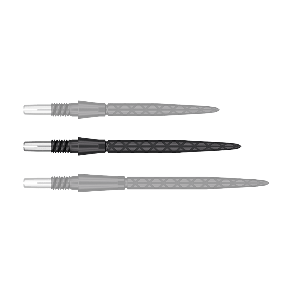 Target Swiss Storm Diamond Point Dart Tips - Black Das Bild zeigt drei schwarze Dartspitzen mit einem silbernen Ansatz. Die Spitzen haben ein diamantförmiges Muster entlang des Schaftes.