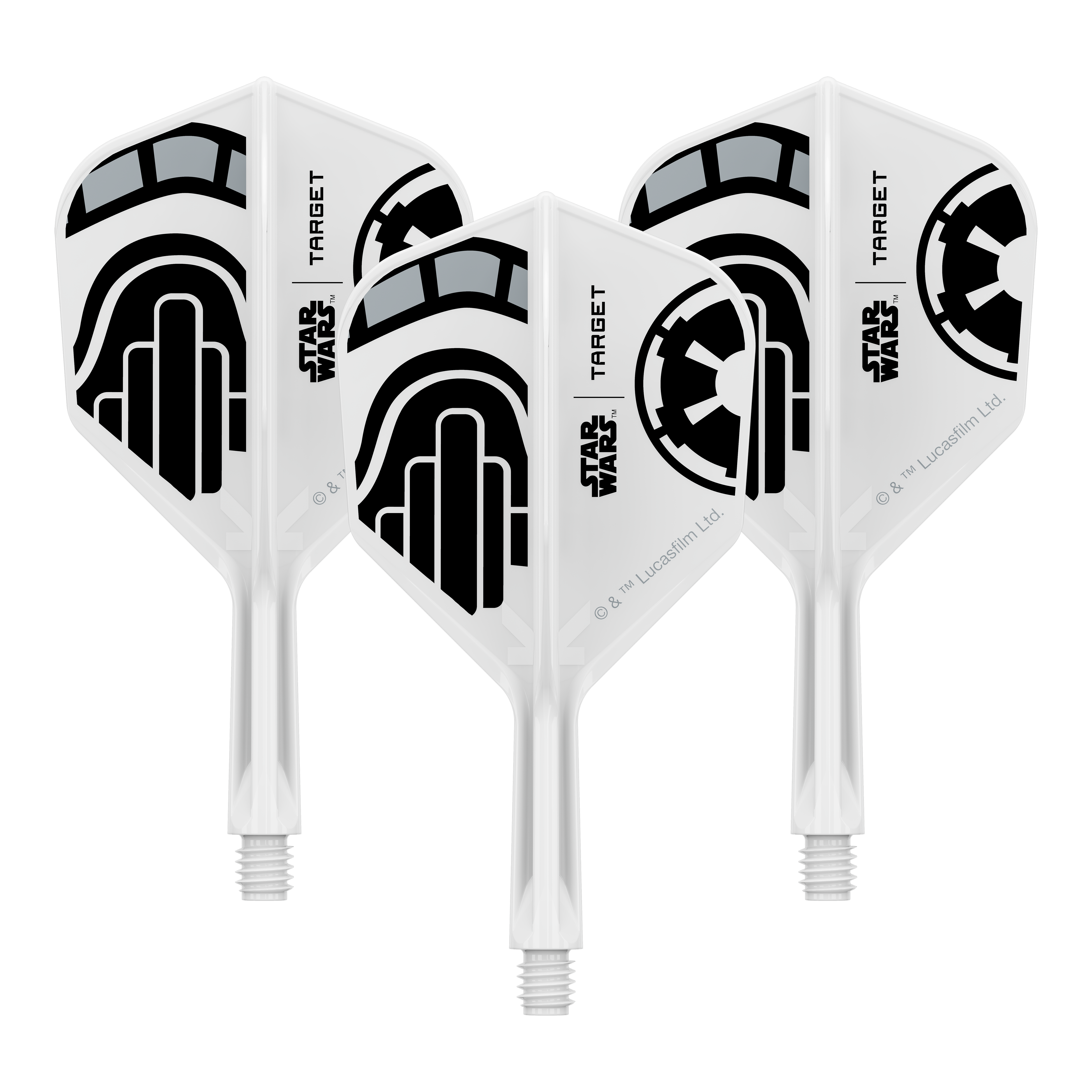 Target Star Wars K-Flex Stormtrooper No6 Flights Ein Set von Dart-Flights der Star Wars KFlex Stormtrooper No6 Serie ist dargestellt. Die Flights sind kurz und 19 mm lang.