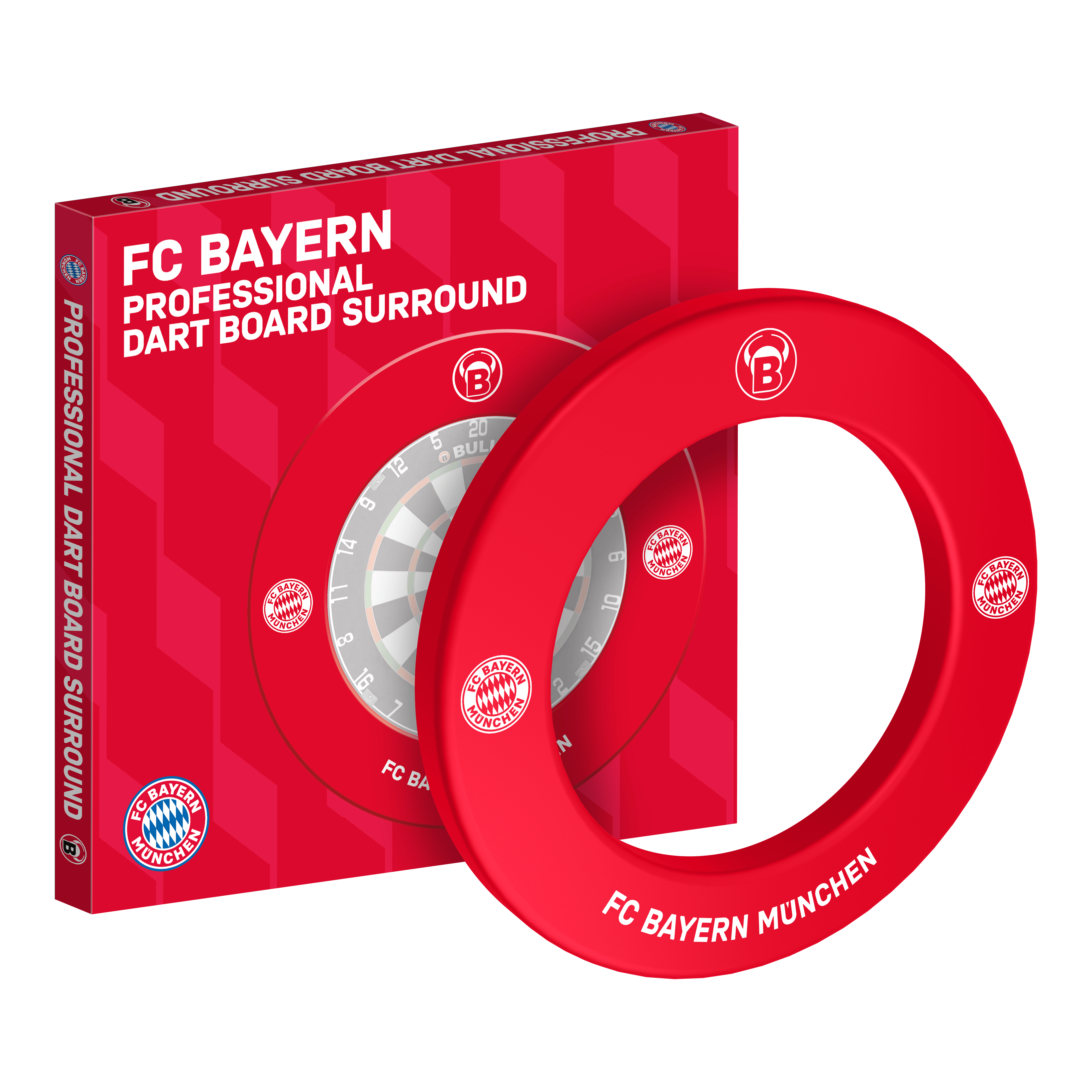 Abgebildet ist das Bulls FC Bayern München Premium Dartboard Surround. Die Dartboard-Umrandung ist im Stil des FC Bayern München gestaltet.