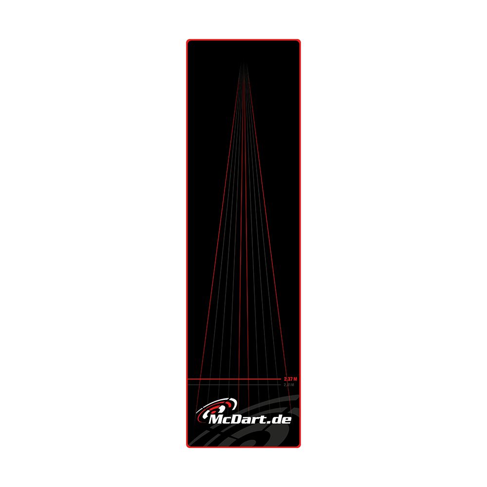 McDart Lines Dartteppich Das Bild zeigt einen schwarzen Dartteppich mit roten Linien und dem Logo „McDart.de“ am unteren Rand. Auf dem Teppich ist außerdem die Abwurflinie bei 2,37 m markiert.