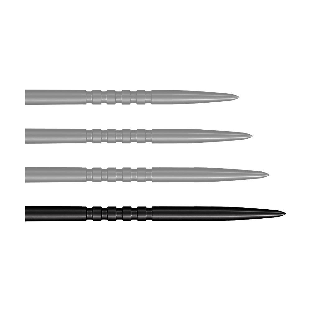 Ein Bild zeigt ein Produkt mit dem Namen SM3823_Shot_Grip_Point_Steeldartspitzen_Schwarz_45mm_1. Das Produkt ist wahrscheinlich eine Dartspitze in schwarzer Farbe.