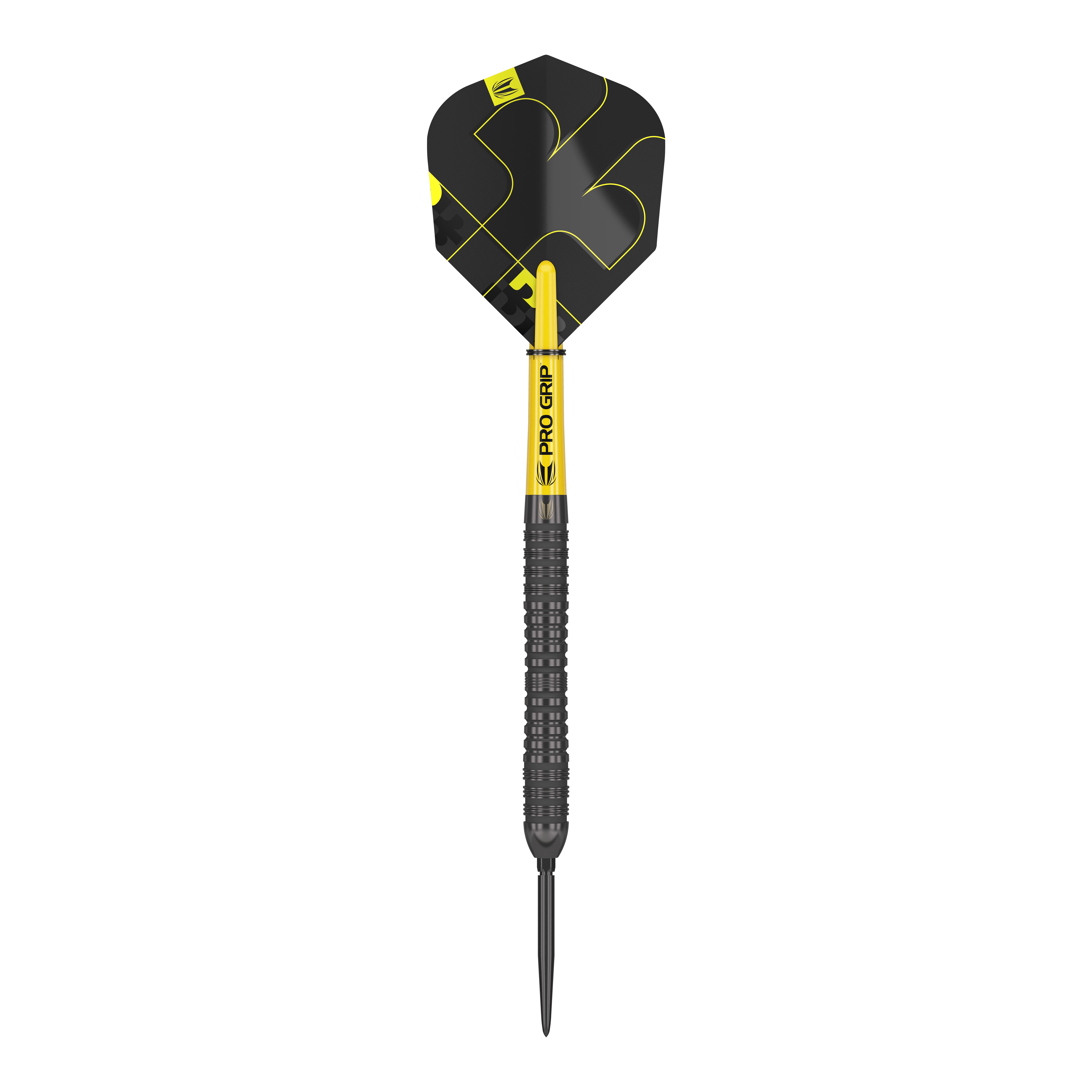 Target Bolide Void 04 Swiss Point steel darts Auf dem Bild ist ein Target Bolide Void 04 Swiss Point Steeldart zu sehen. Der Dart ist schwarz mit gelben Akzenten gestaltet und hat eine gezackte Griffstruktur.