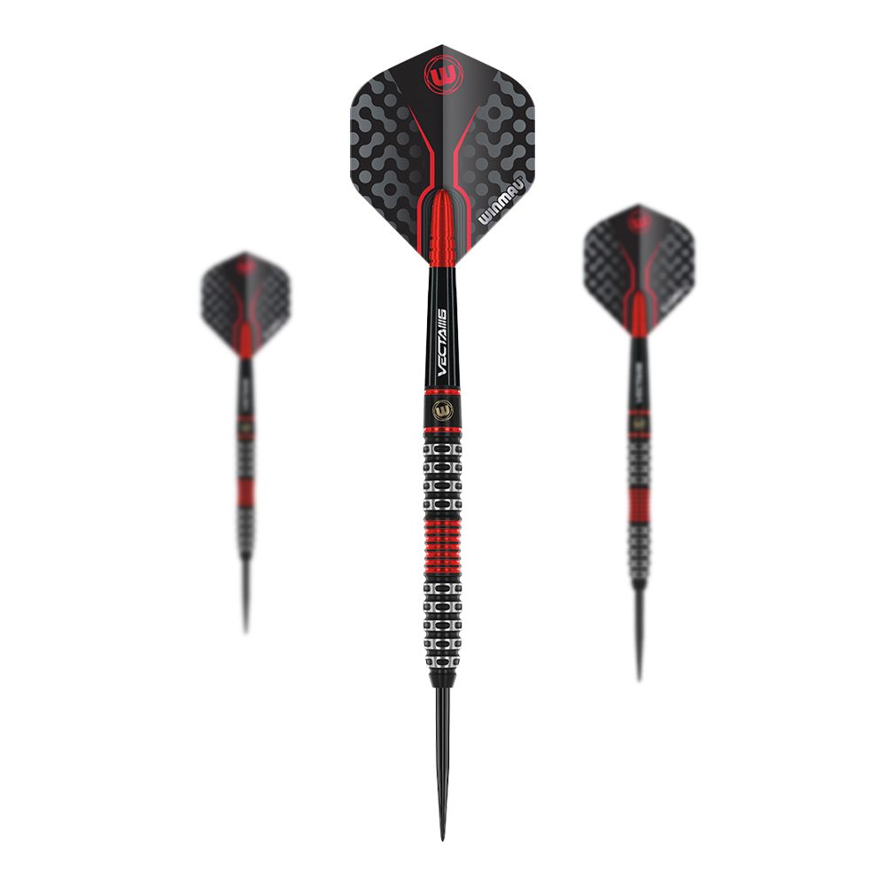Winmau Joe Cullen Special Edition Steeldarts Das Bild zeigt drei Steeldarts mit schwarzem und rotem Design. Sie haben auffällige Muster auf den Flights und einen speziellen, griffigen Schaft.
