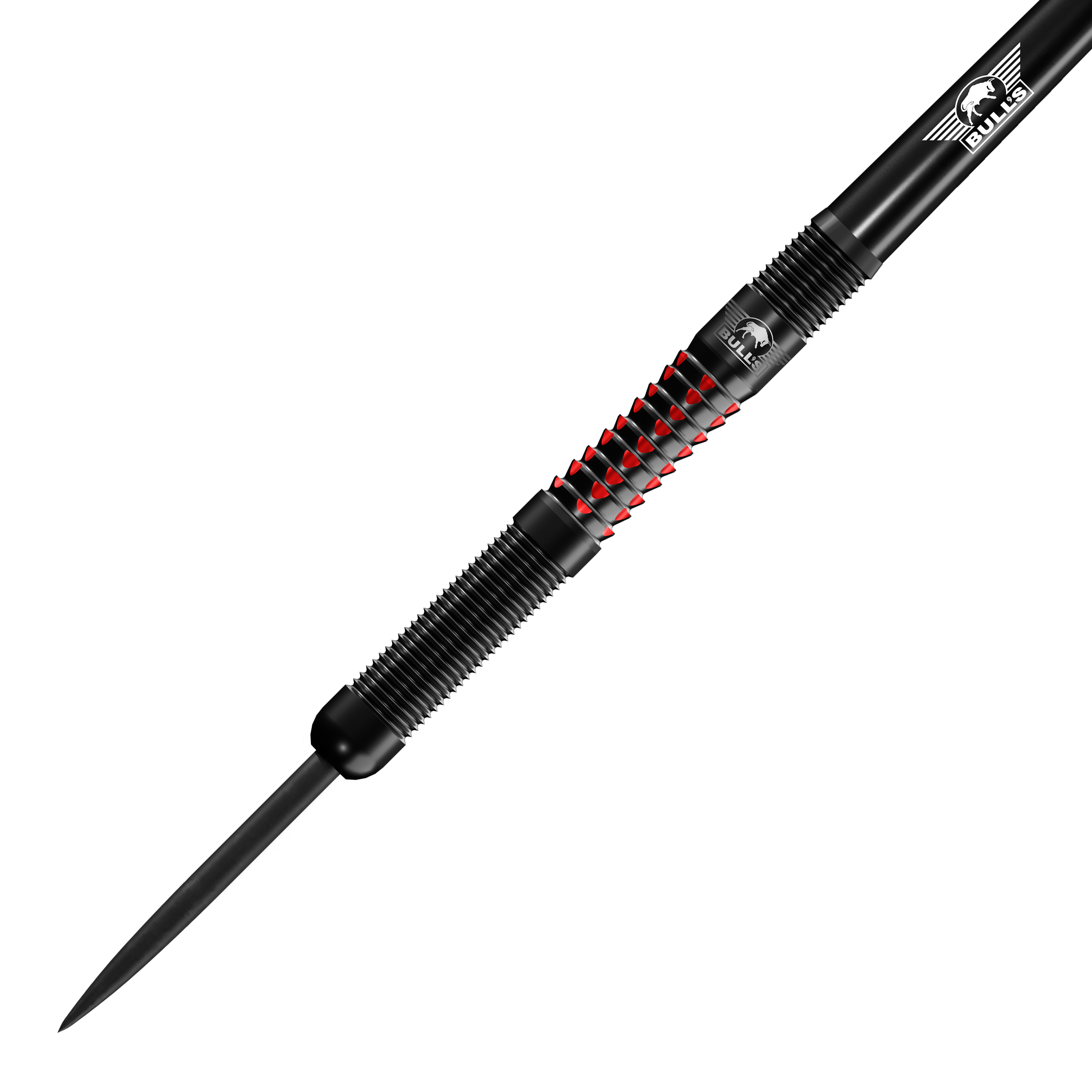 Auf dem Bild ist der Bulls NL Benjamin Pratnemer Steeldart mit 20g Gewicht zu sehen. Der Dart hat ein schwarzes Design mit roten Akzenten und feinen Rillen für besseren Halt.