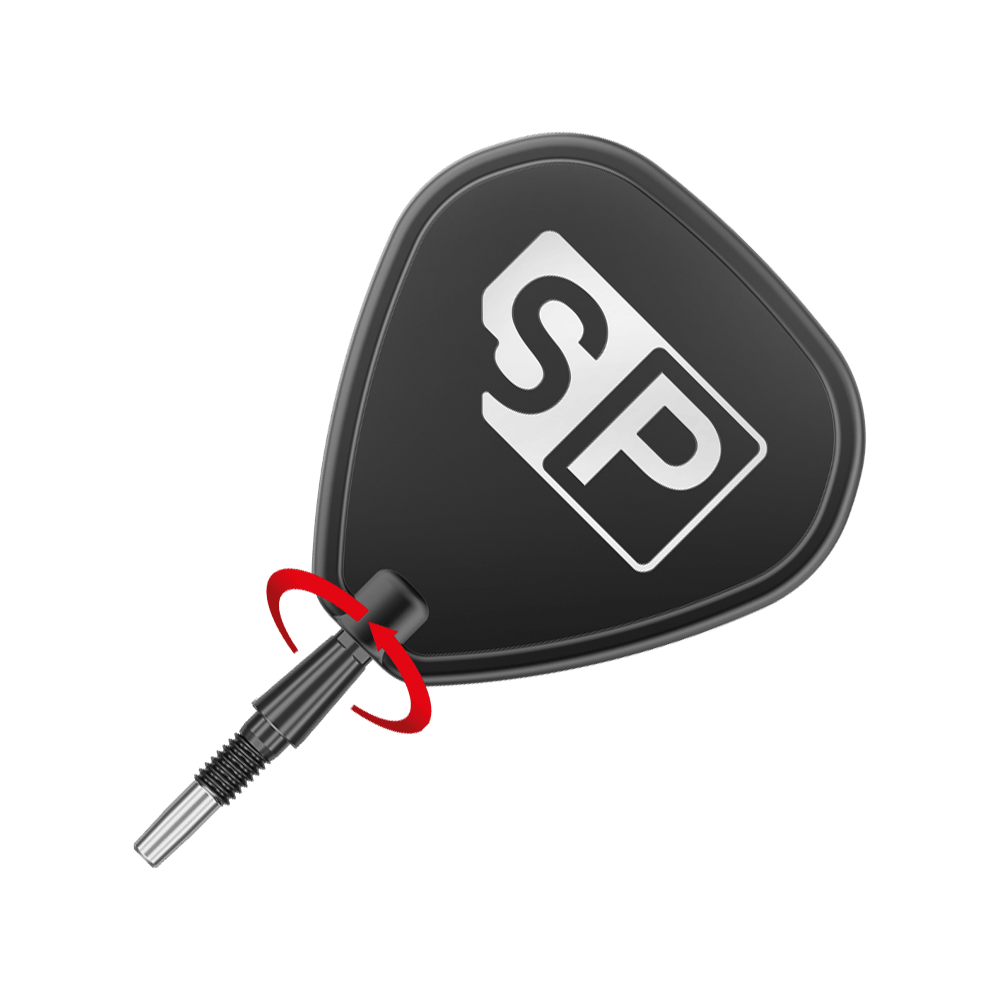 Target Swiss Point Storm Surge Steel Dart Tips - Black Das Bild zeigt eine schwarze Steeldartspitze mit dem weißen Aufdruck "SP". Eine rote Pfeilmarkierung deutet darauf hin, dass die Spitze gedreht oder geschraubt werden kann.