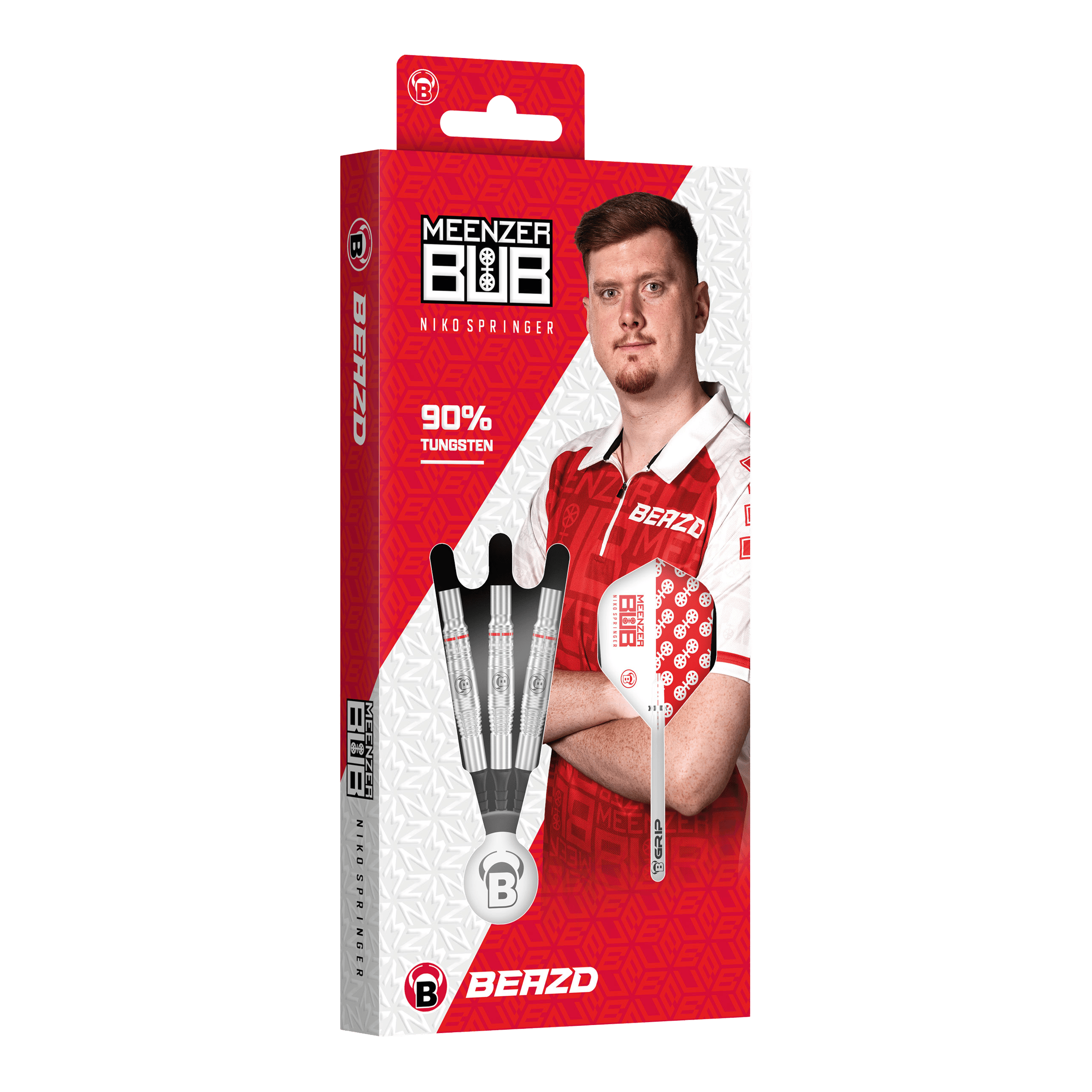 Beazd Niko Springer soft darts - 22g Beazd Niko Springer Softdarts – 22g sind im Set abgebildet. Die Darts haben ein auffälliges Design.