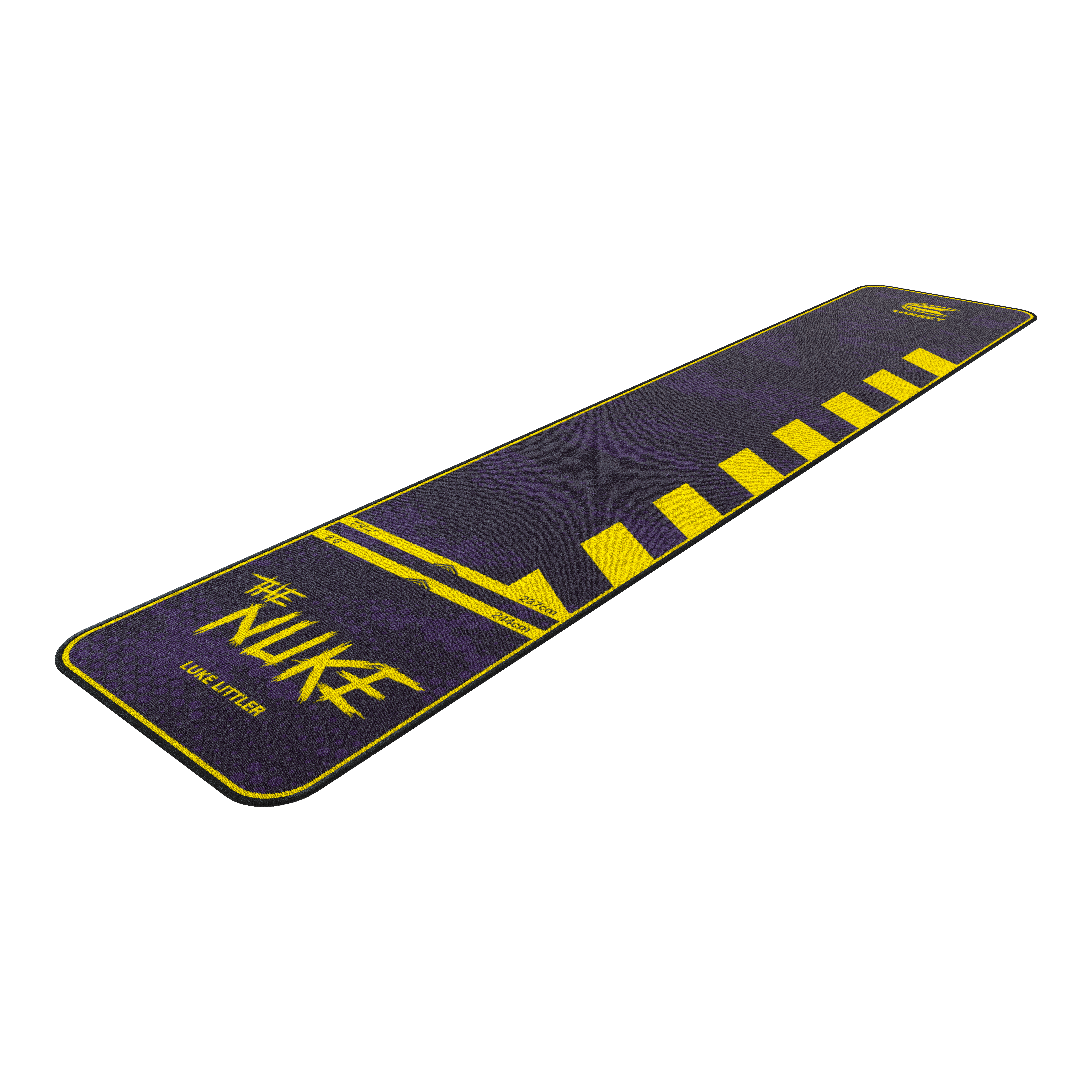 Target Luke Littler The Nuke dart mat Auf dem Bild ist der "Target Luke Littler The Nuke Dartteppich" zu sehen. Der Teppich ist überwiegend lila mit gelben Akzenten und Markierungen gestaltet.