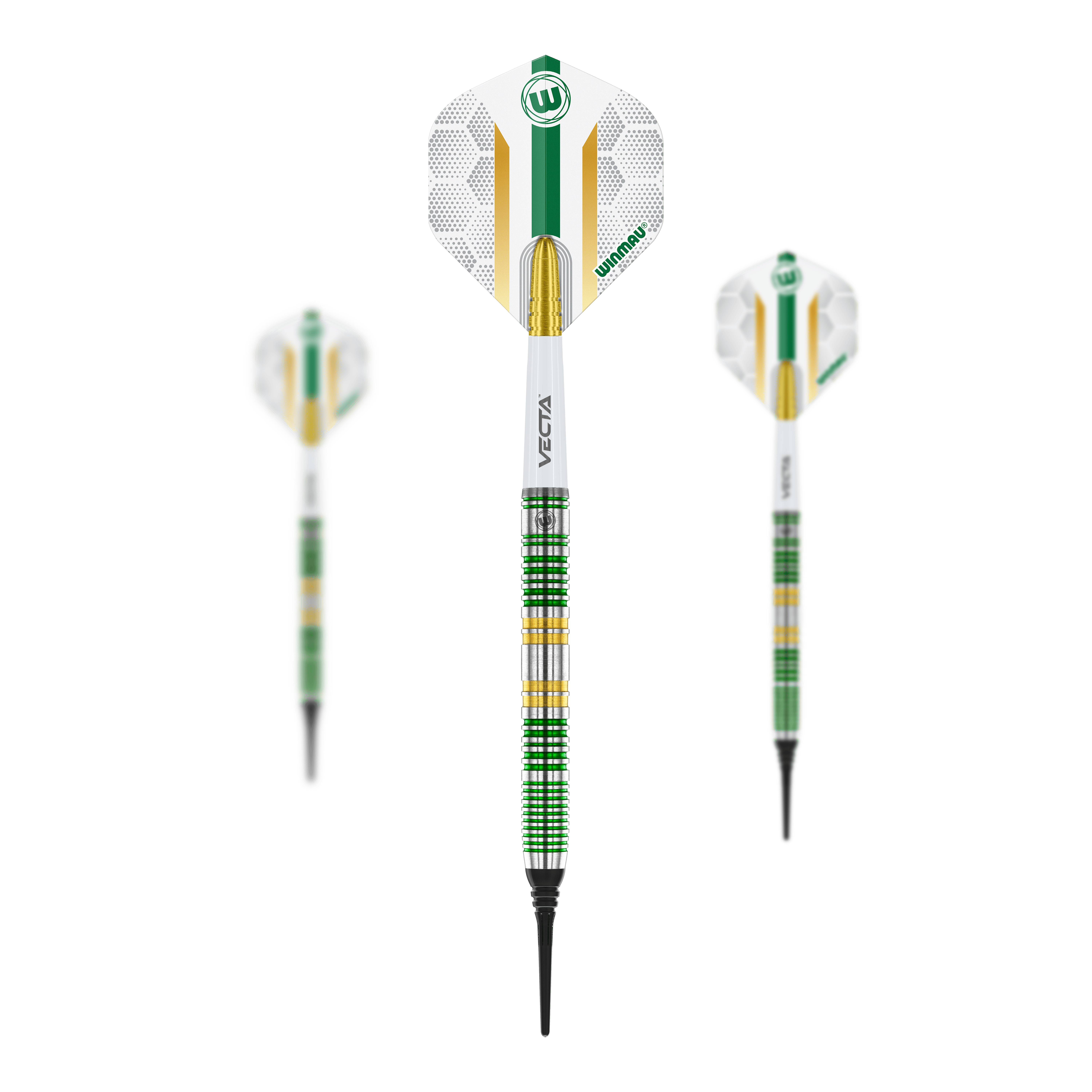 Winmau Xenon Softdarts - 20g Das Bild zeigt drei Winmau Xenon Softdarts mit einem Gewicht von 20 Gramm. Die Darts haben ein auffälliges grünes, gelbes und silbernes Design mit weißen Flights.