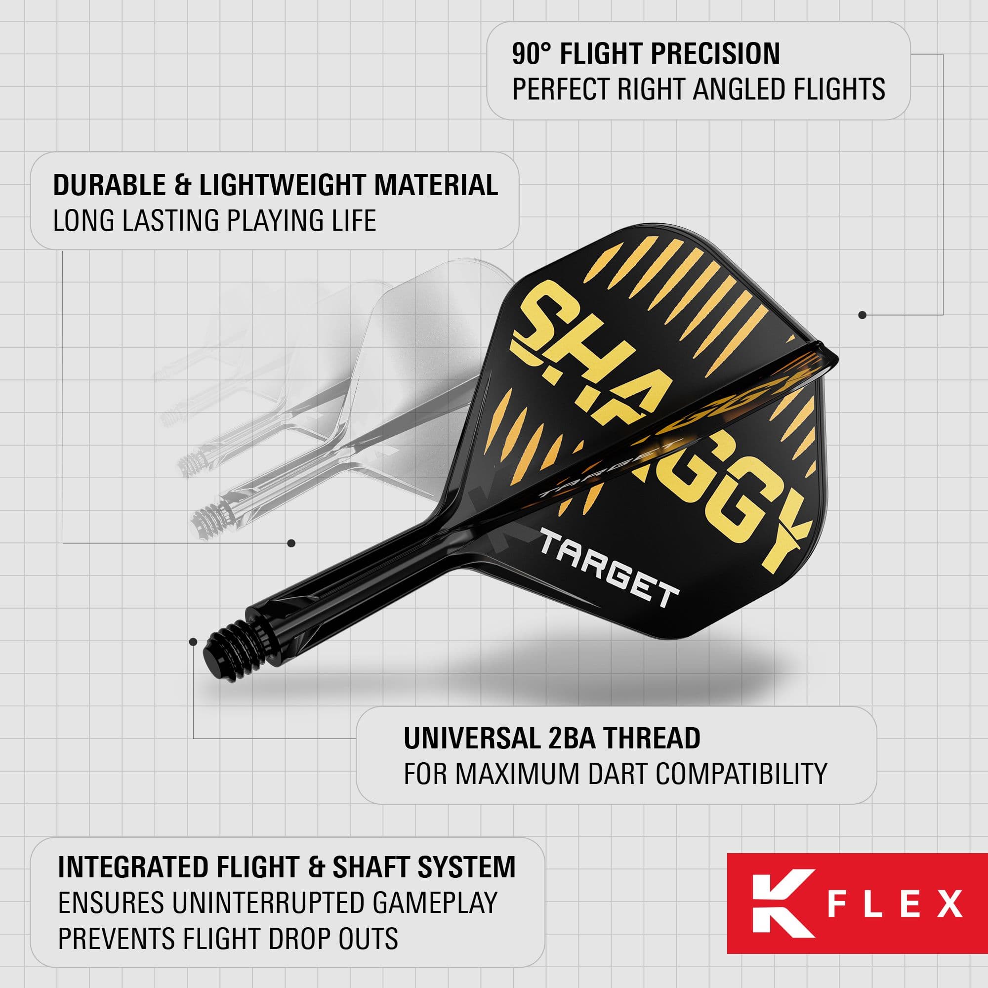 Target K-Flex Scott Williams No2 Standard Flight Shaft System Das Bild zeigt das Produkt „Target K-Flex Scott Williams No2 Standard Flights“ mit den wichtigsten Merkmalen. Es hebt die langlebigen Materialien, die präzise Flugausrichtung und das integrierte Flight- und Shaft-System hervor.