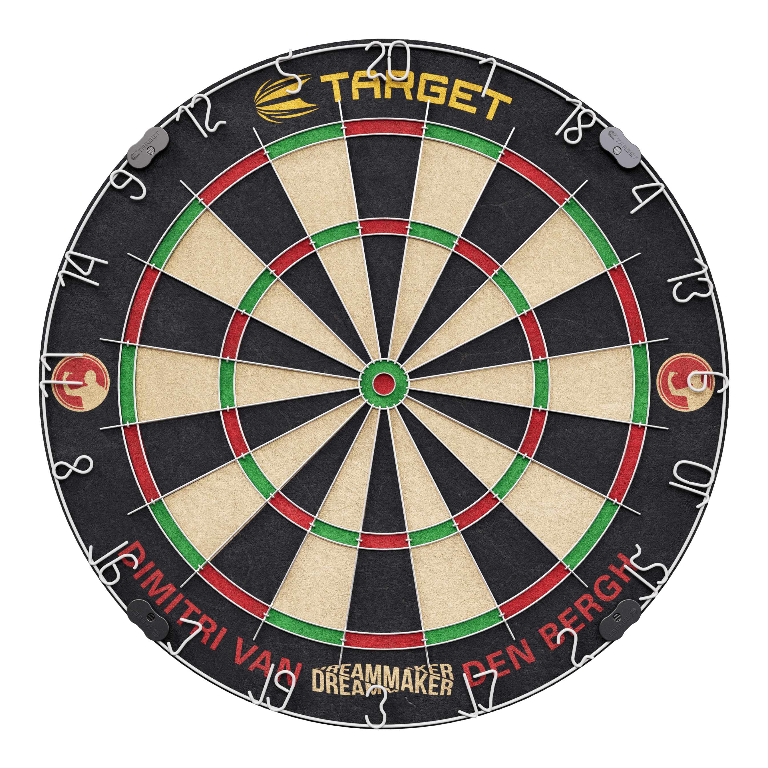 Target Dimitri Van Den Bergh steel dartboard set Das Bild zeigt eine Steeldartscheibe mit dem Namen "Target Dimitri Van Den Bergh Steeldartboard Set". Am unteren Rand steht der Schriftzug "Dimitri Van Den Bergh" und in der Mitte unten "Dreammaker".