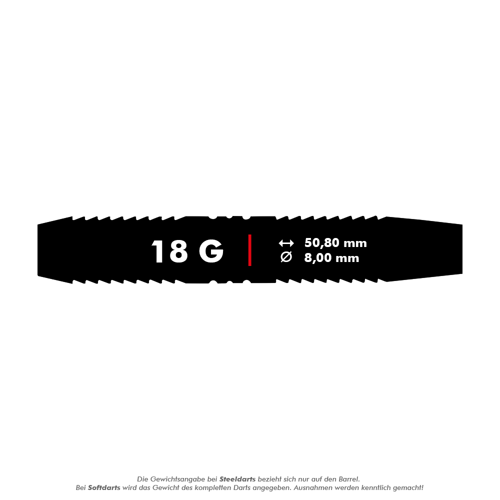 2235-18_Winmau_Outrage_Black_Coated_Brass_Softdarts_5-18g Das Bild zeigt den Winmau Outrage V1 Black Coated Brass Softdart mit einem Gewicht von 18 Gramm. Die Maße des Barrels sind 50,80 mm Länge und 8,00 mm Durchmesser.