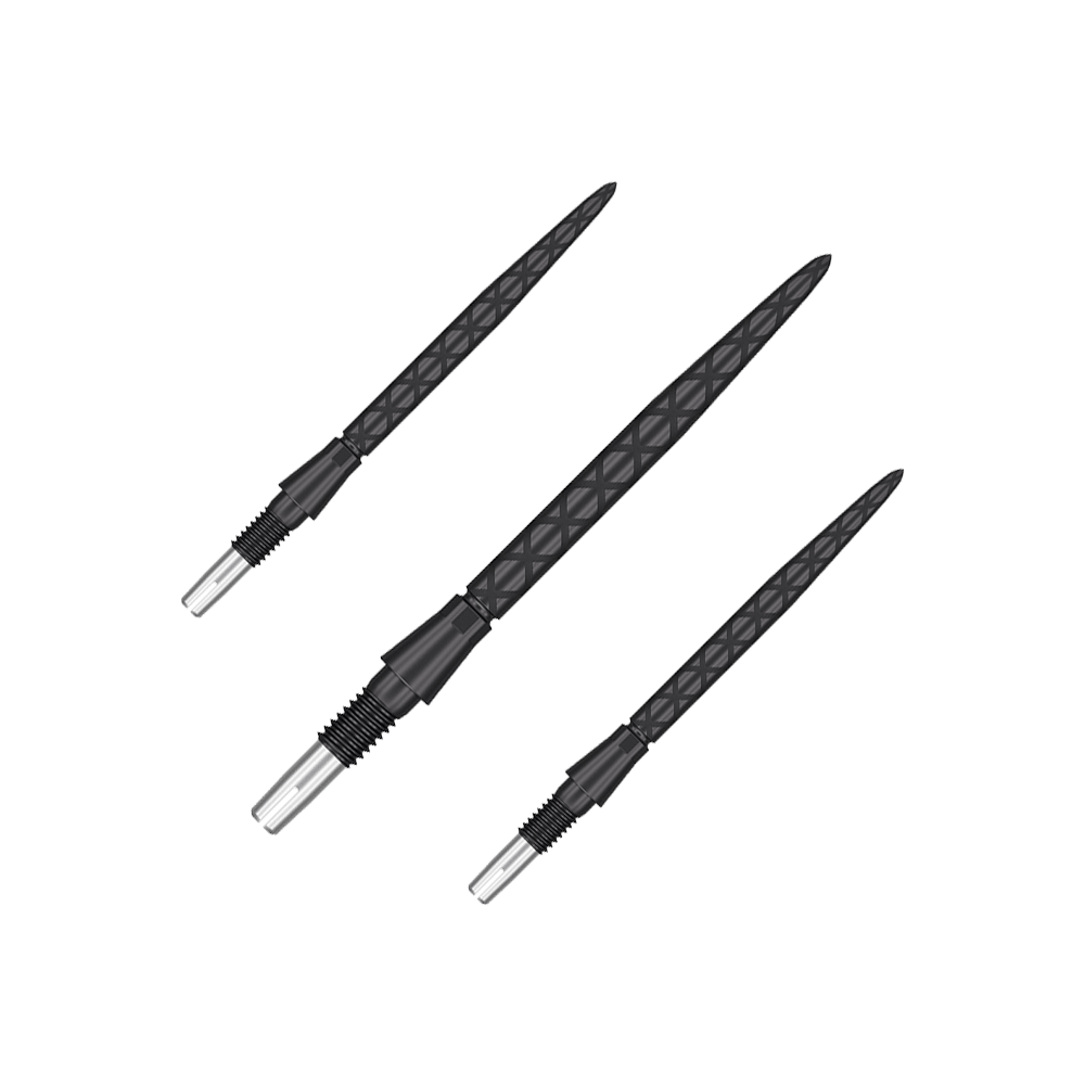 Das Bild zeigt drei schwarze Dartspitzen mit diamantförmigem Muster. Sie sind in einer Reihe nebeneinander angeordnet.