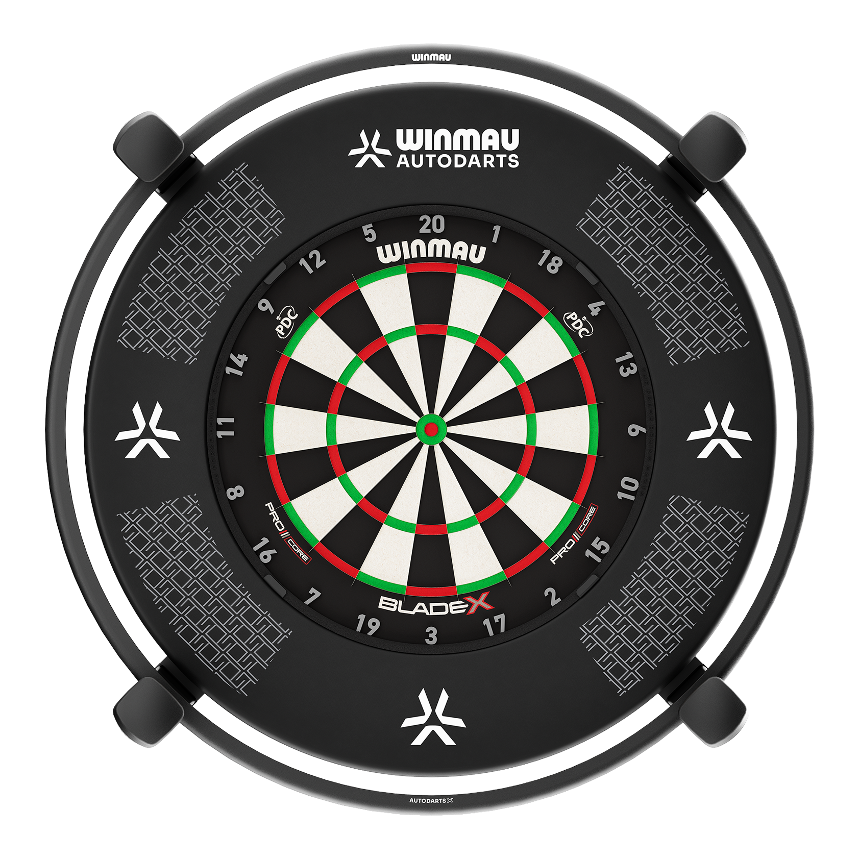 Gezeigt wird das Winmau Autodarts X Autoscoring-System. Das Gerät erleichtert das Zählen der Darts-Punkte durch seine automatische Erkennung.