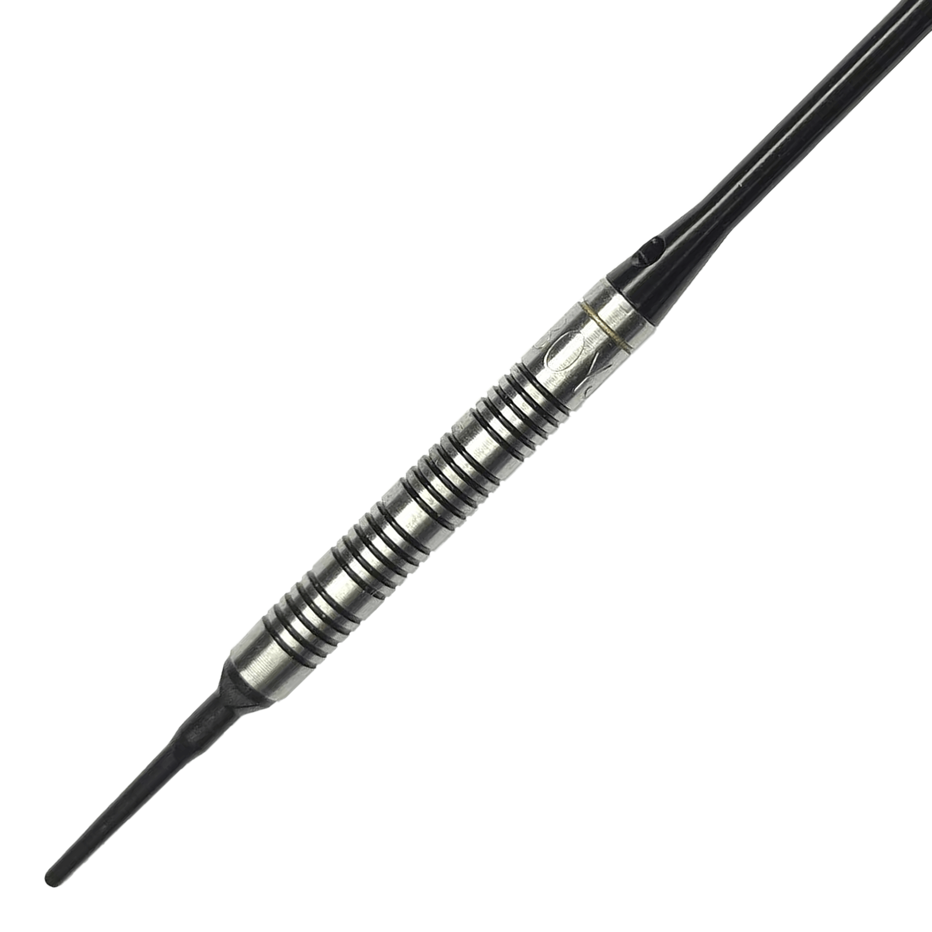 McDart 85 Tungsten V17 Softdarts - 16.5g Das Bild zeigt einen McDart 85er Tungsten V17 Softdart mit einem Gewicht von 16,5g. Der Dart hat ein silber-schwarzes, griffiges Barrel und eine schwarze Spitze.
